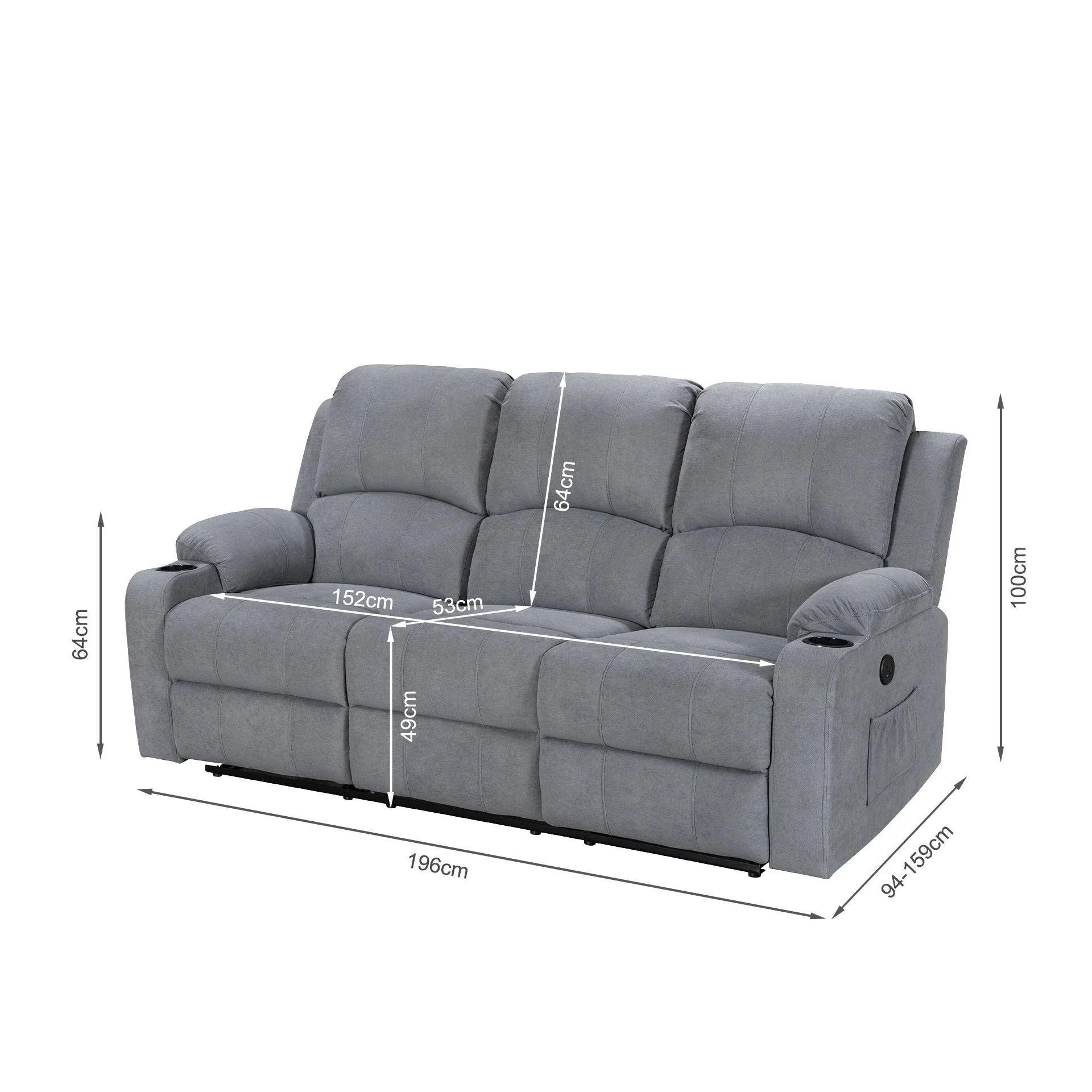 Henley Fabric Electric 3 Seater Recliner Sofa - Grey - Image 15