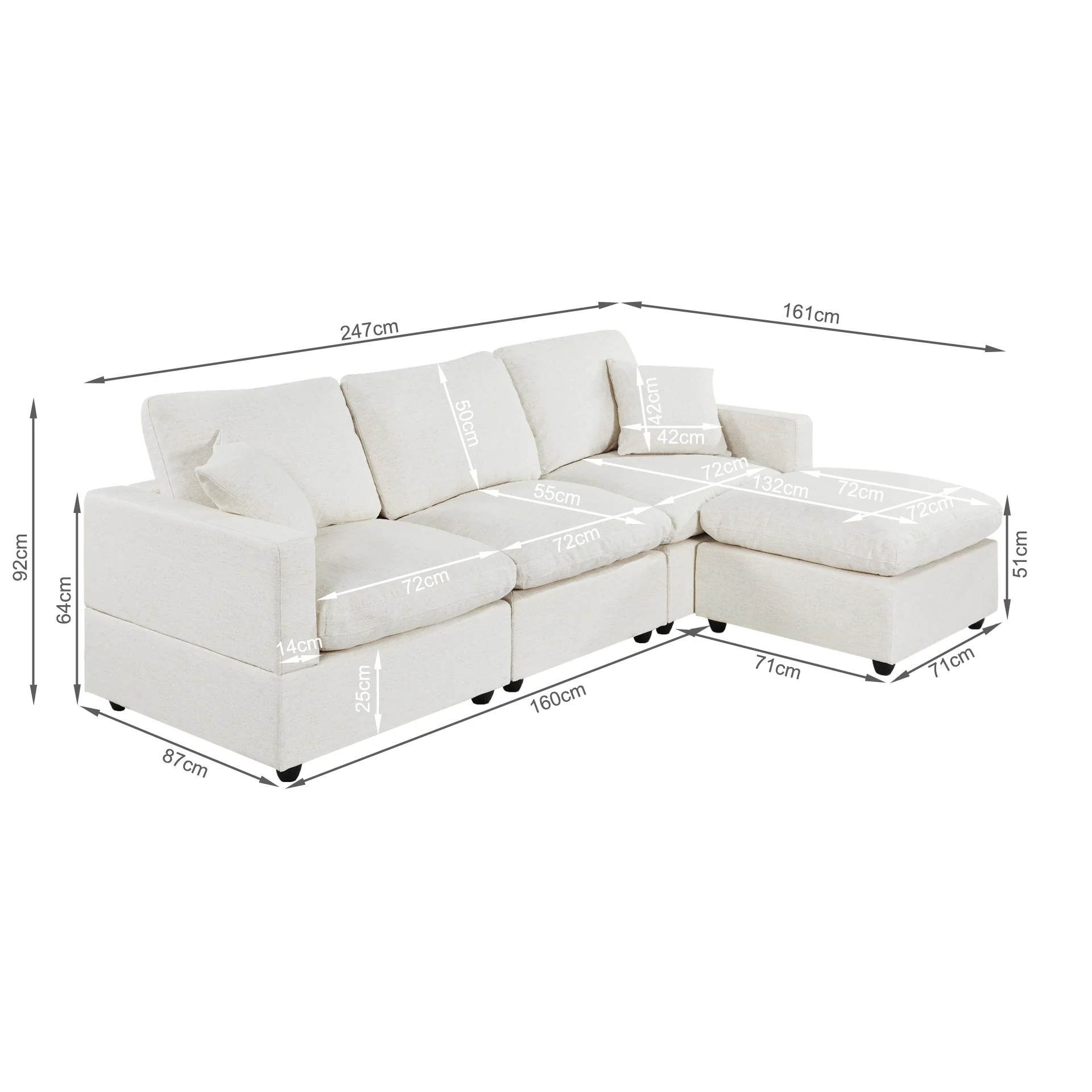 Hexham 3 Seater Modular Sofa with Ottoman - Linen Cream - Image 16