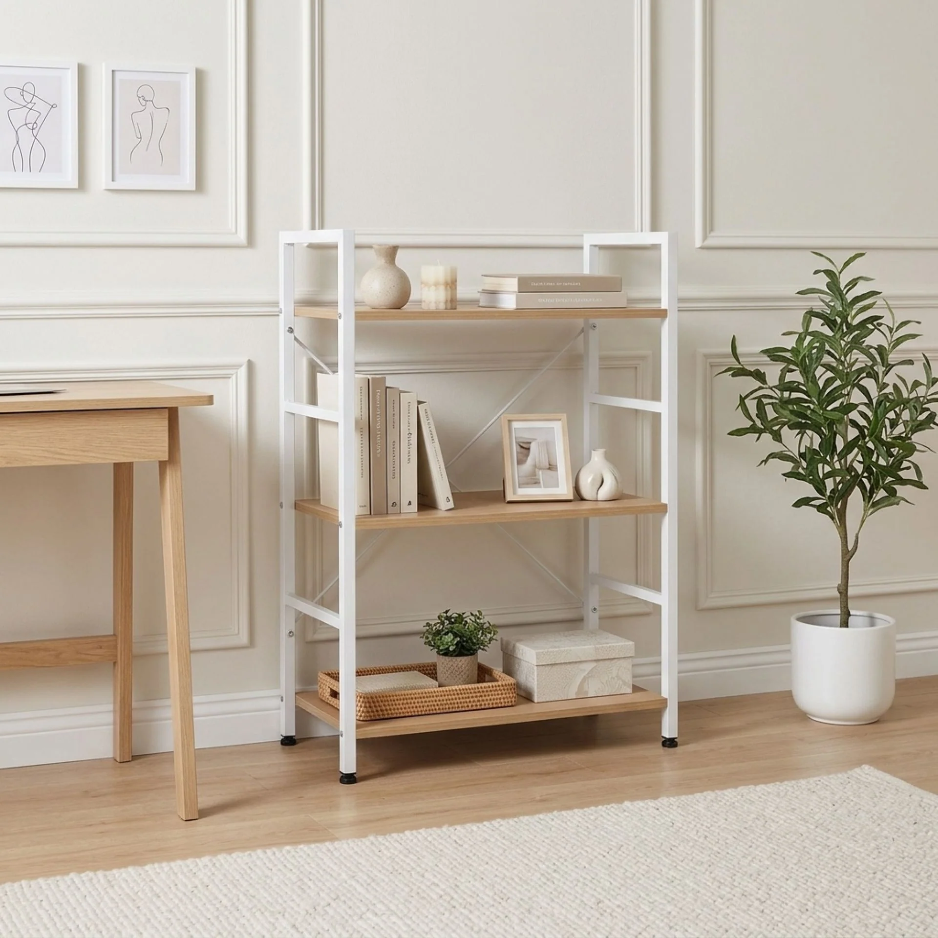 Hikuai 3 Tier Bookshelf - Natural + White - Image 2