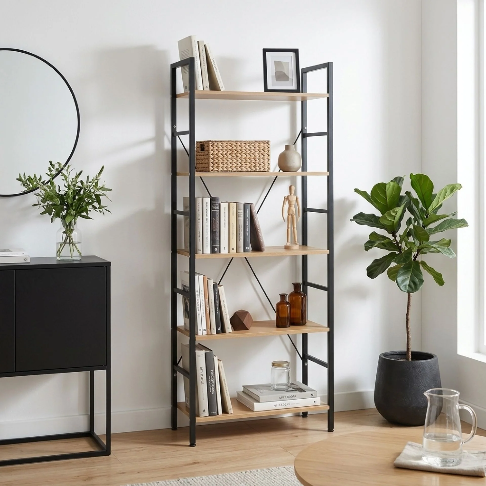 Hikuai 5 Tier Bookshelf - Natural + Black