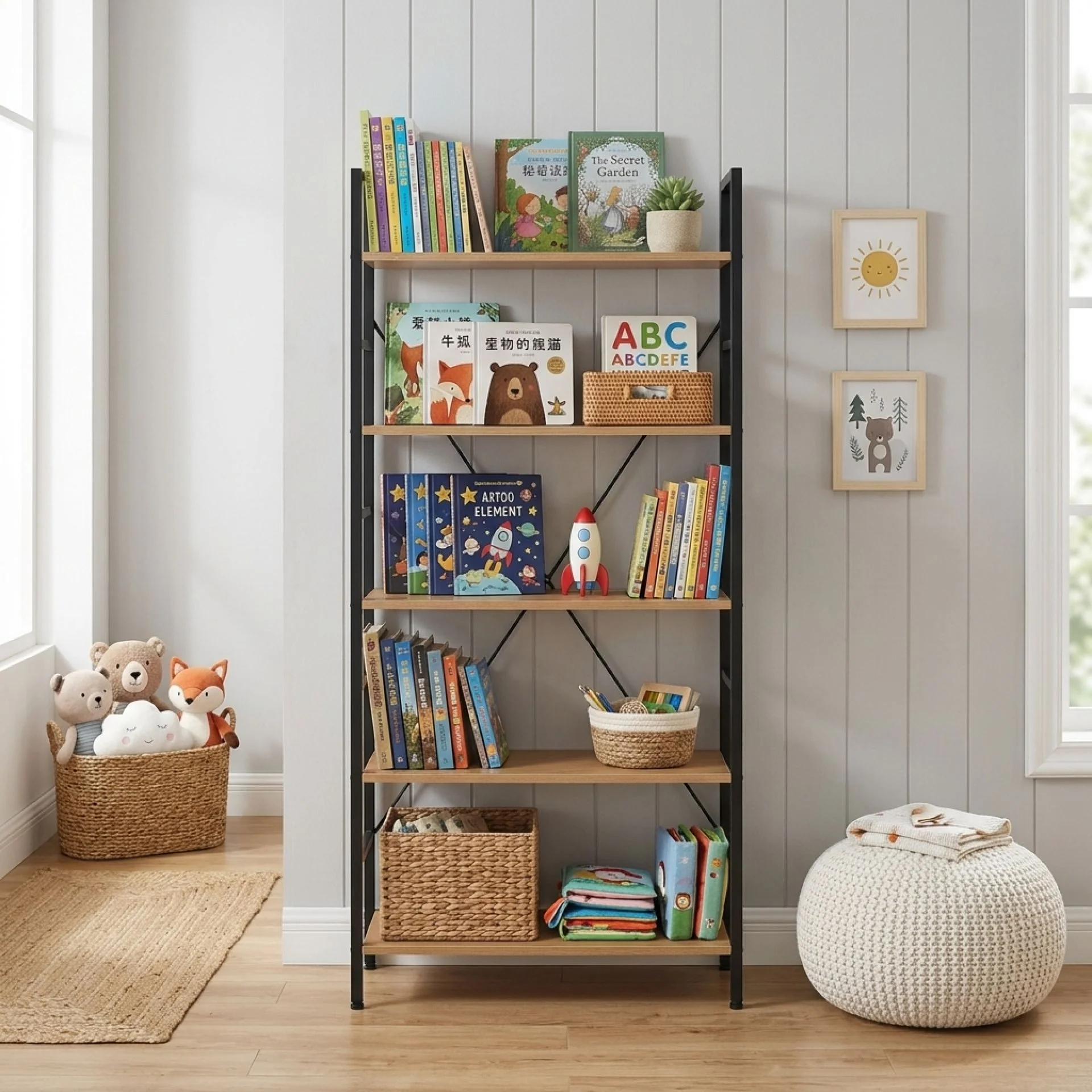 Hikuai 5 Tier Bookshelf - Natural + Black - Image 2