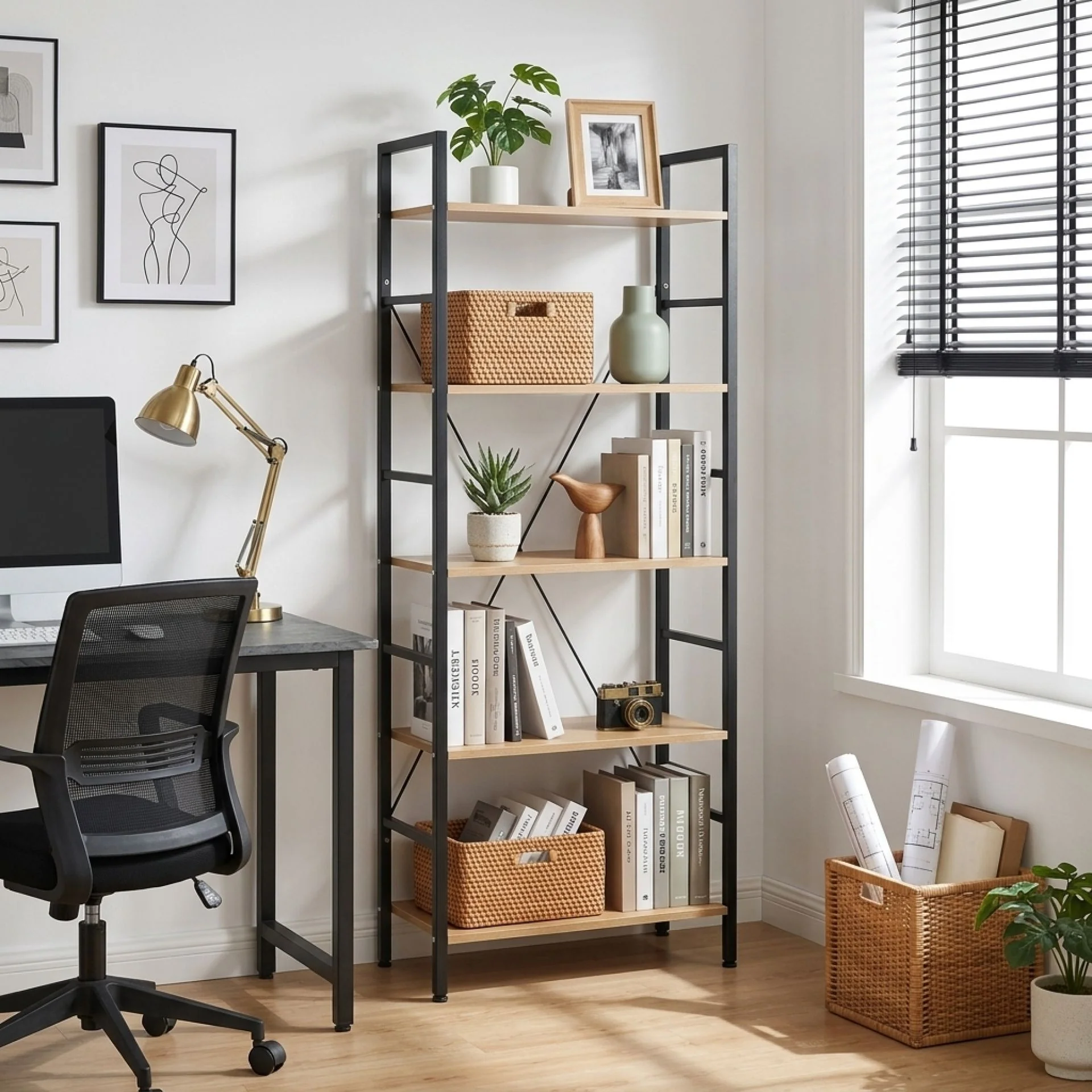 Hikuai 5 Tier Bookshelf - Natural + Black - Image 3