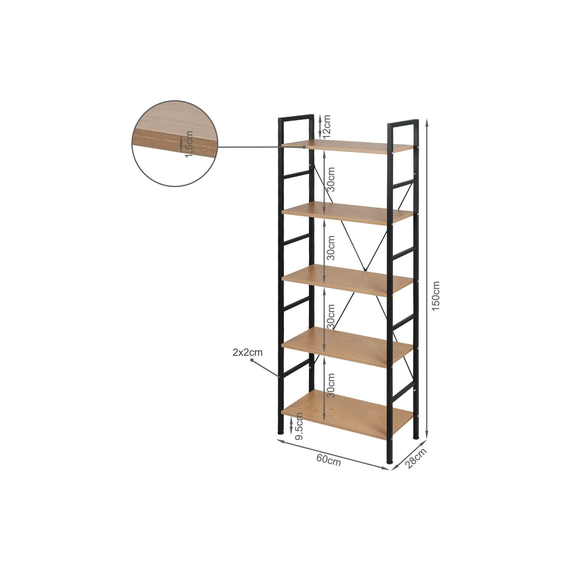 Hikuai 5 Tier Bookshelf - Natural + Black - Image 9