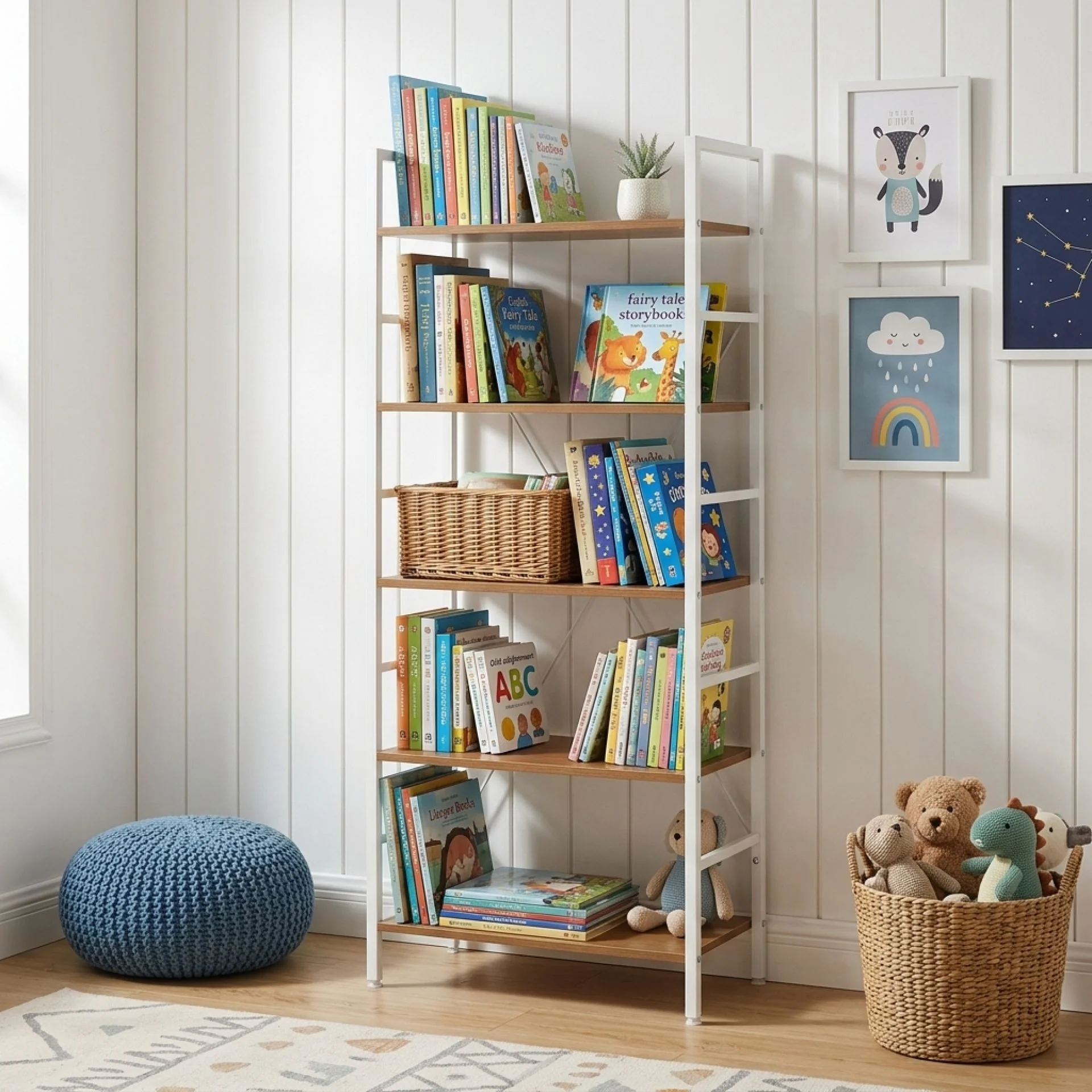 Hikuai 5 Tier Bookshelf - Natural + White