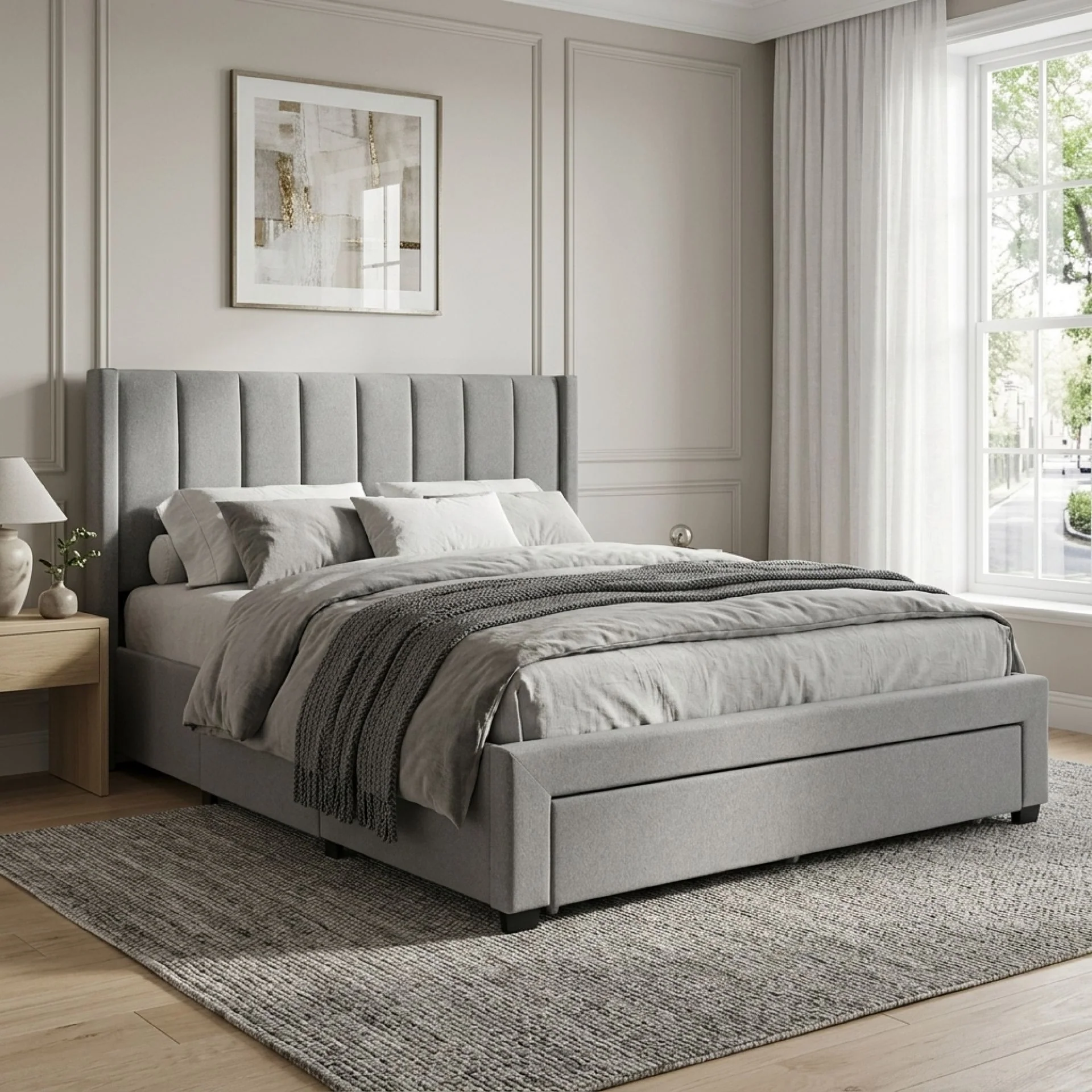 Hopkins Queen Velvet Bed Frame with Storage - Grey - Image 4