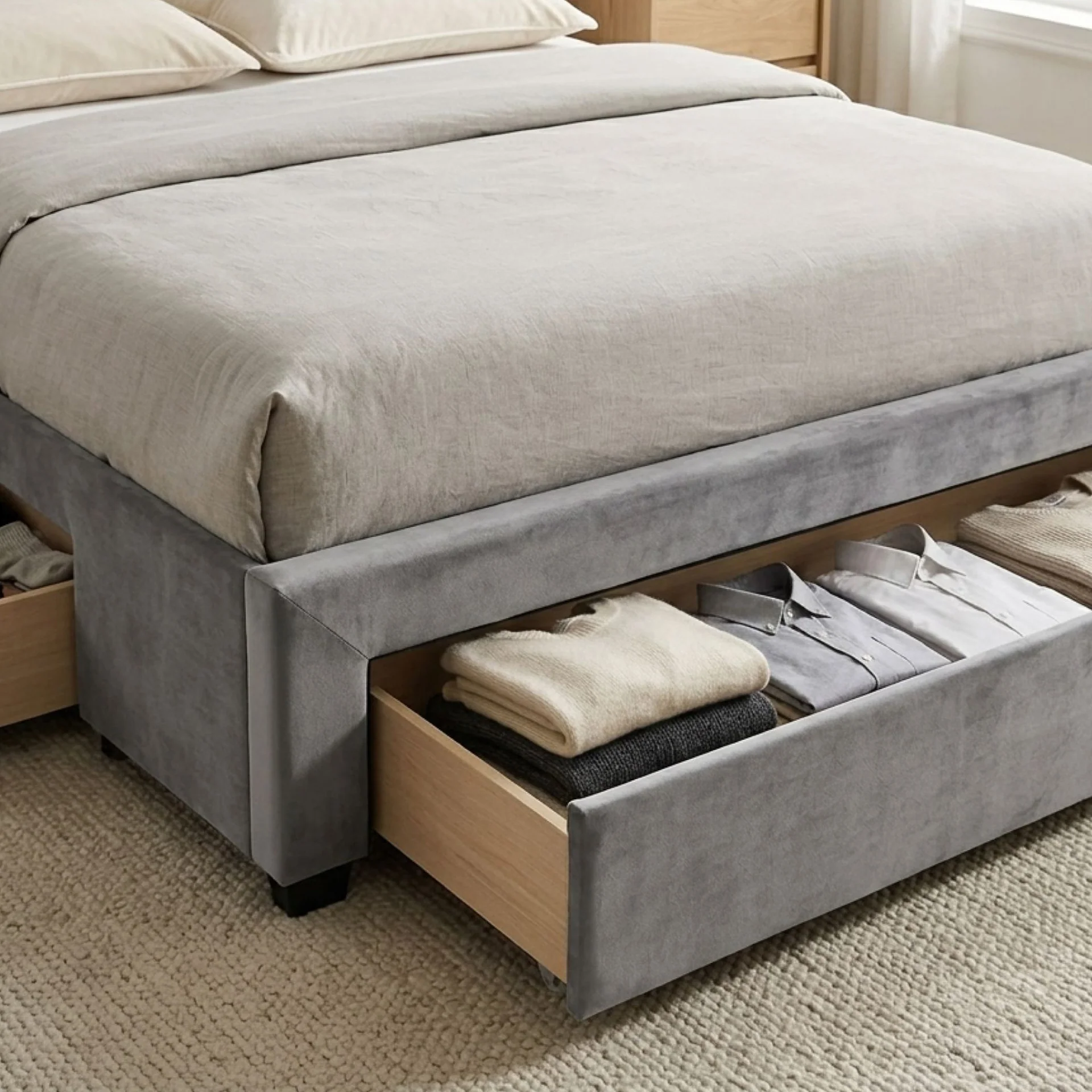 Hopkins Queen Velvet Bed Frame with Storage - Grey - Image 7