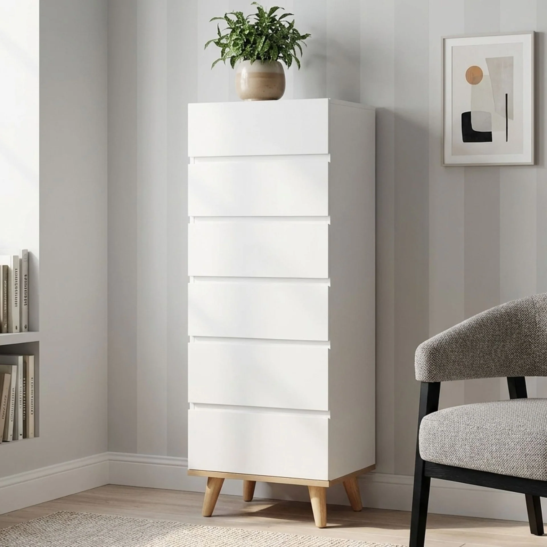 Hudson Wooden Slim Tallboy 6 Drawers - White