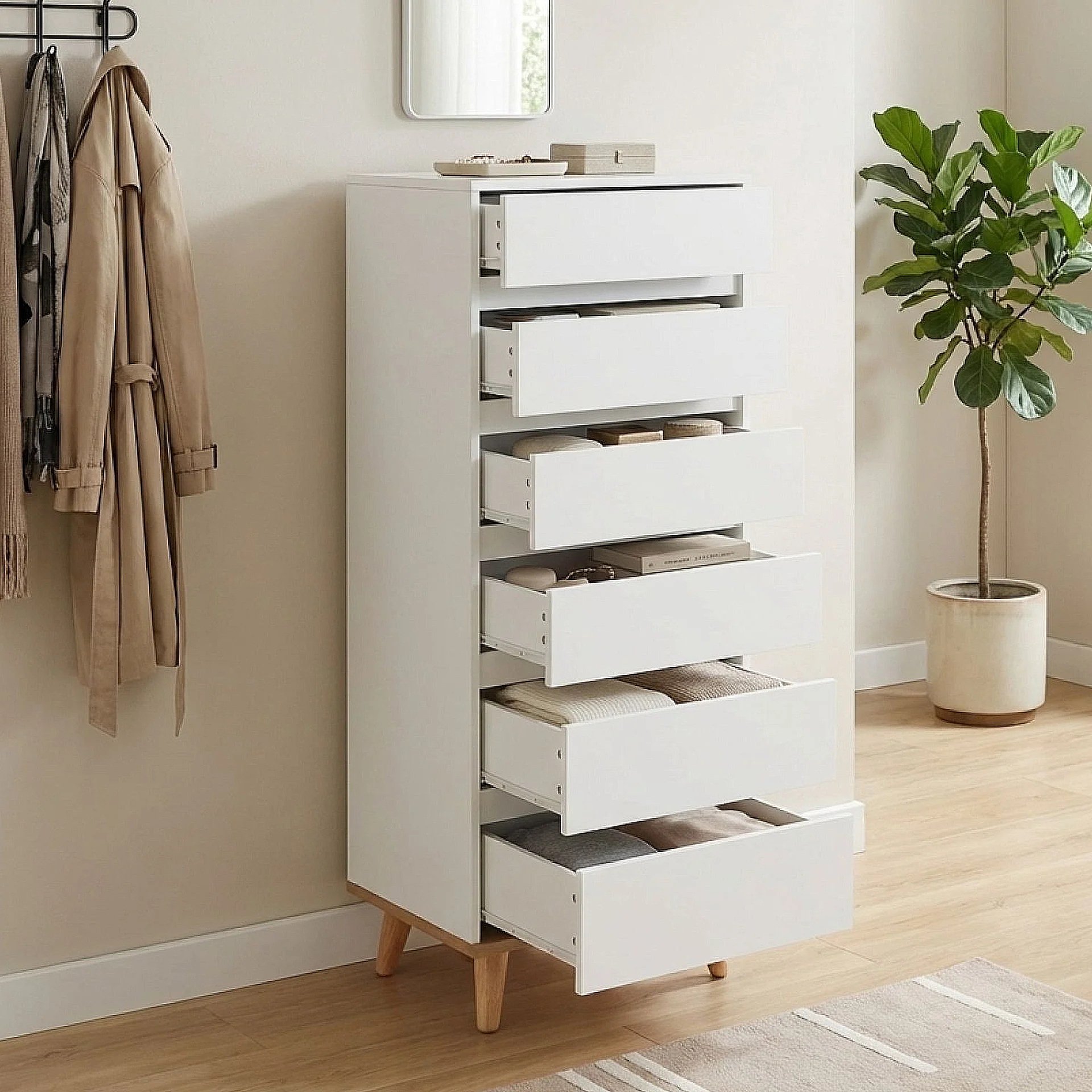 Hudson Wooden Slim Tallboy 6 Drawers - White - Image 2