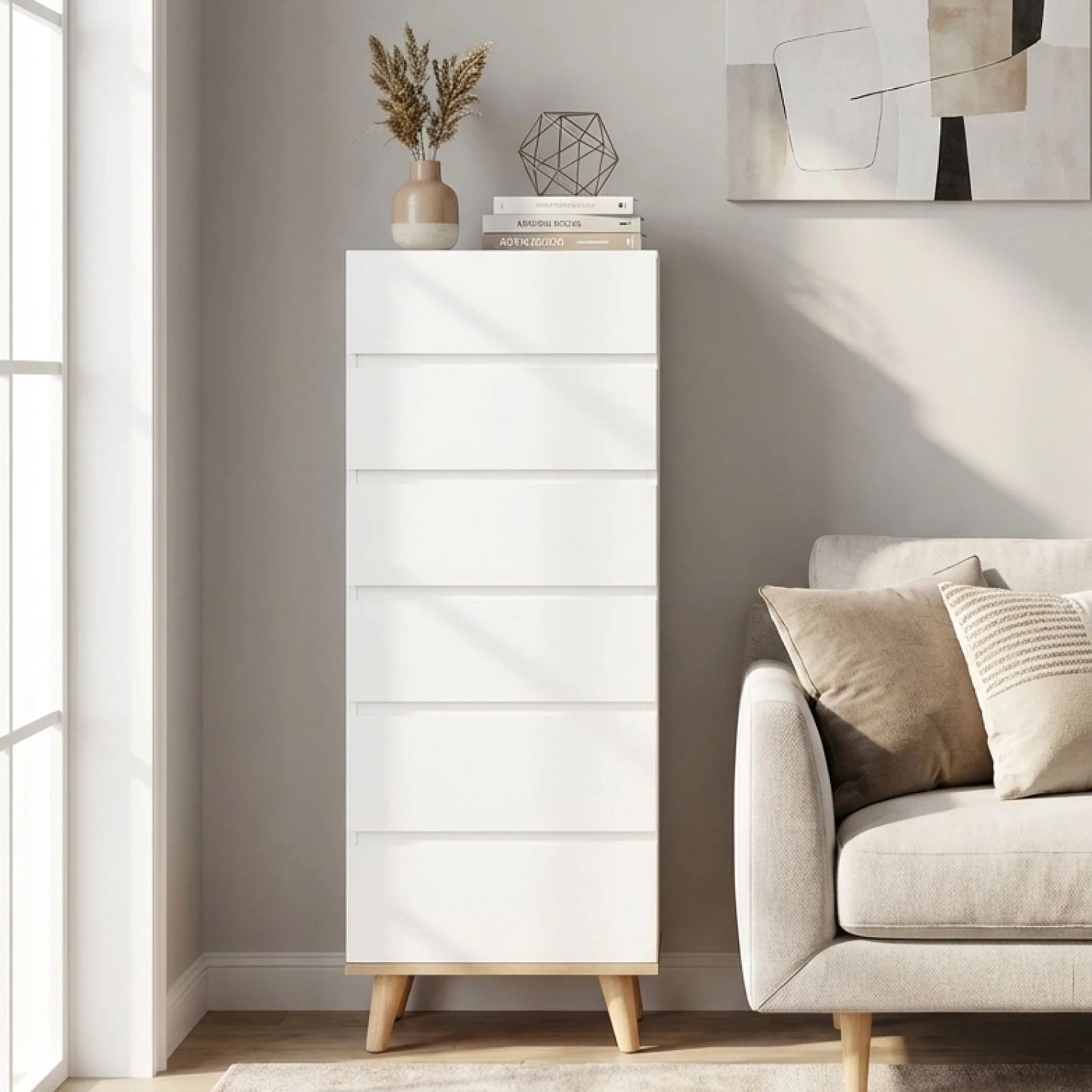 Hudson Wooden Slim Tallboy 6 Drawers - White - Image 3