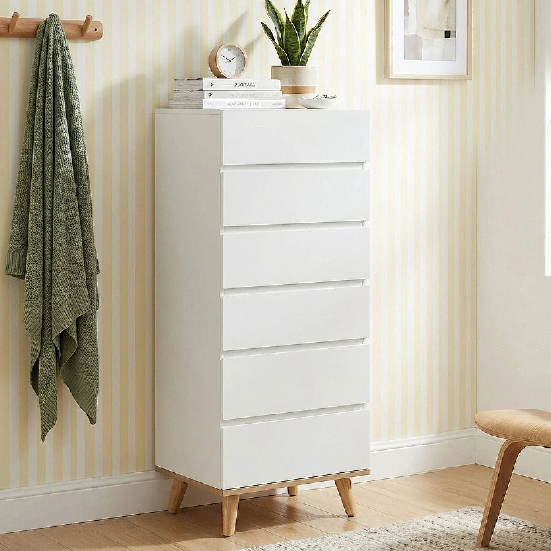 Hudson Wooden Slim Tallboy 6 Drawers - White - Image 4