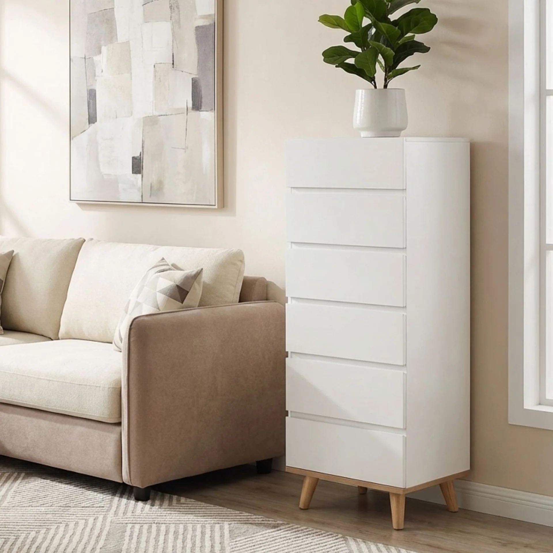Hudson Wooden Slim Tallboy 6 Drawers - White - Image 5