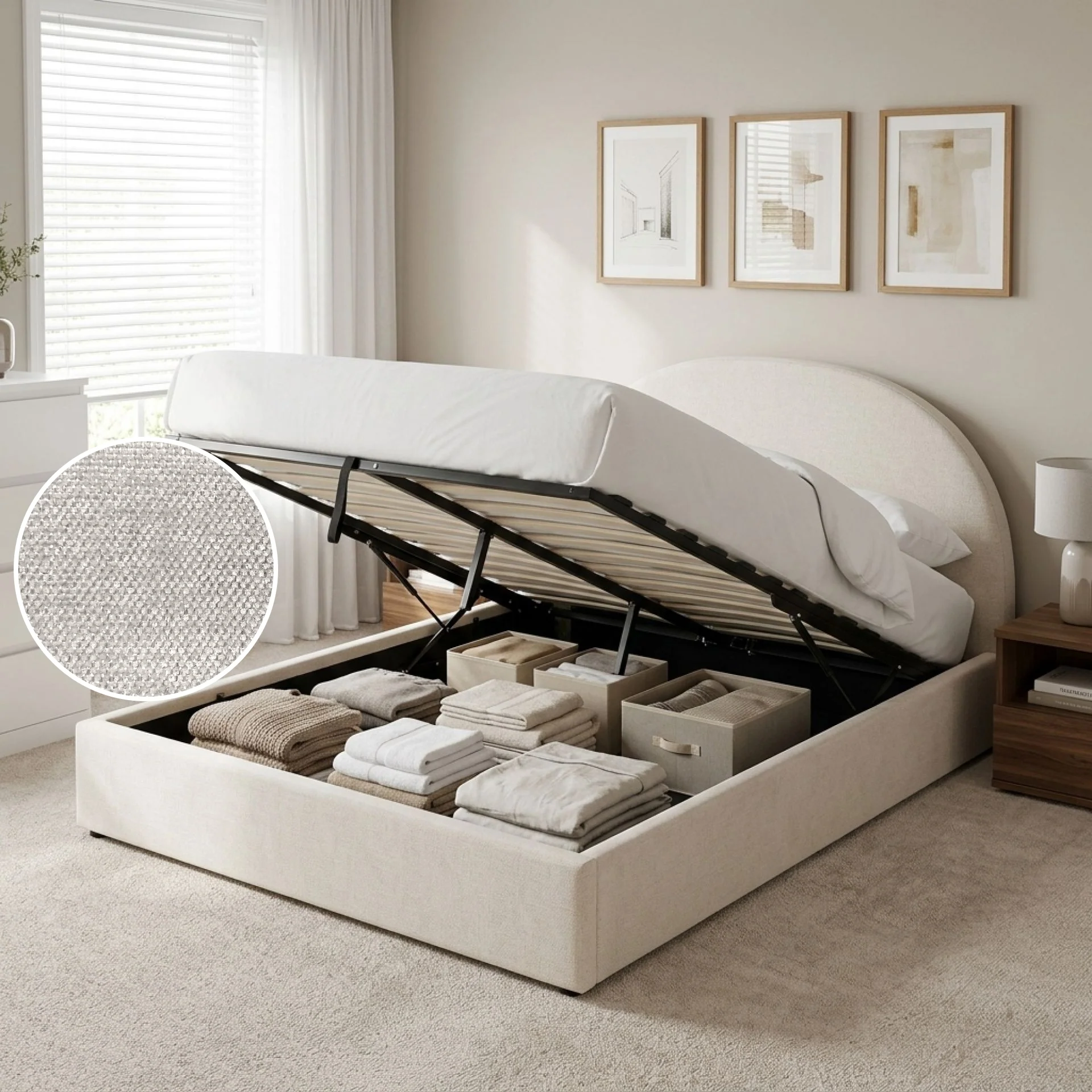 Isabella Queen Gas Lift Bed Frame - Linen Beige - Image 2