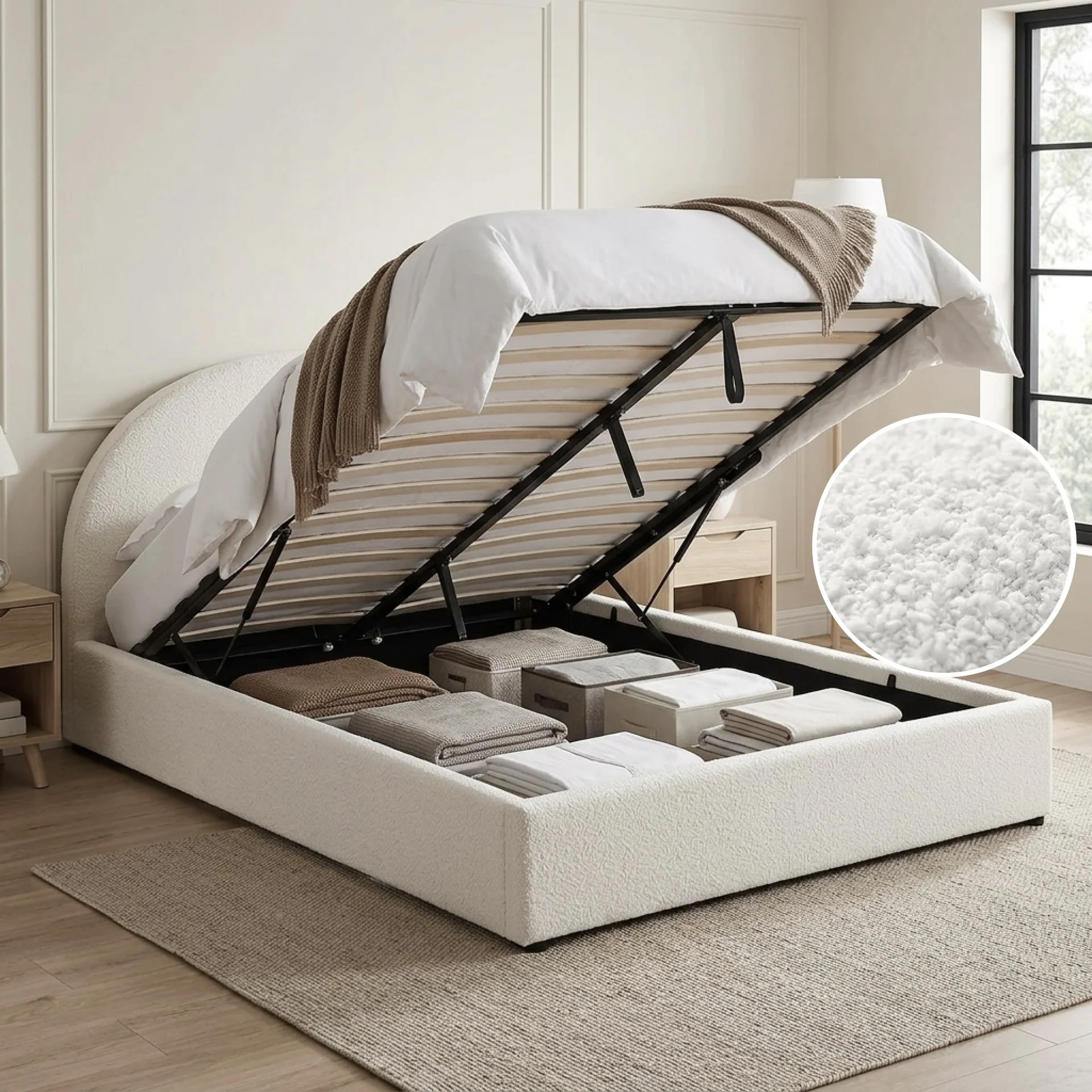 Isabella Boucle Queen Gas Lift Bed Frame - White - Image 2