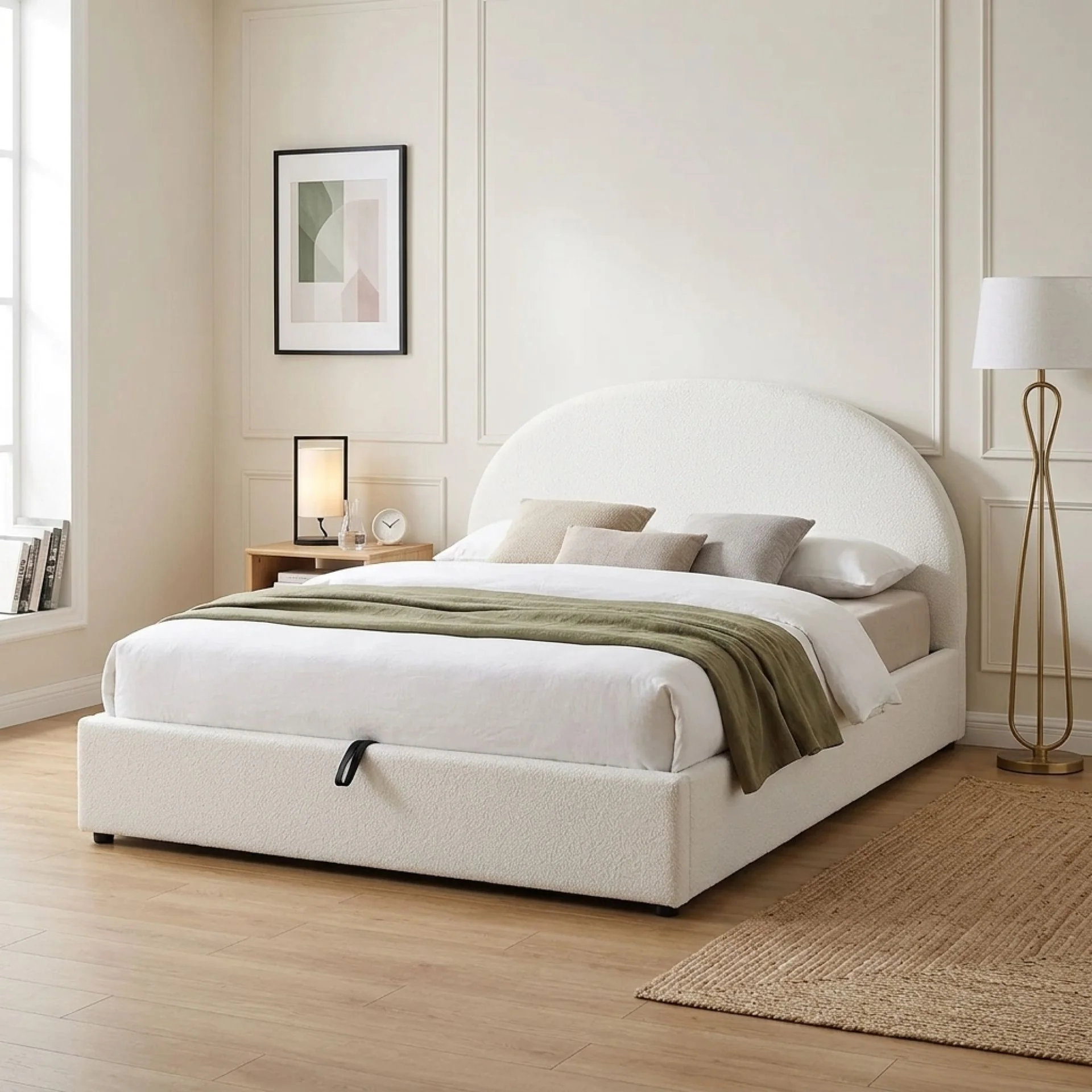 Isabella Boucle Queen Gas Lift Bed Frame - White - Image 3
