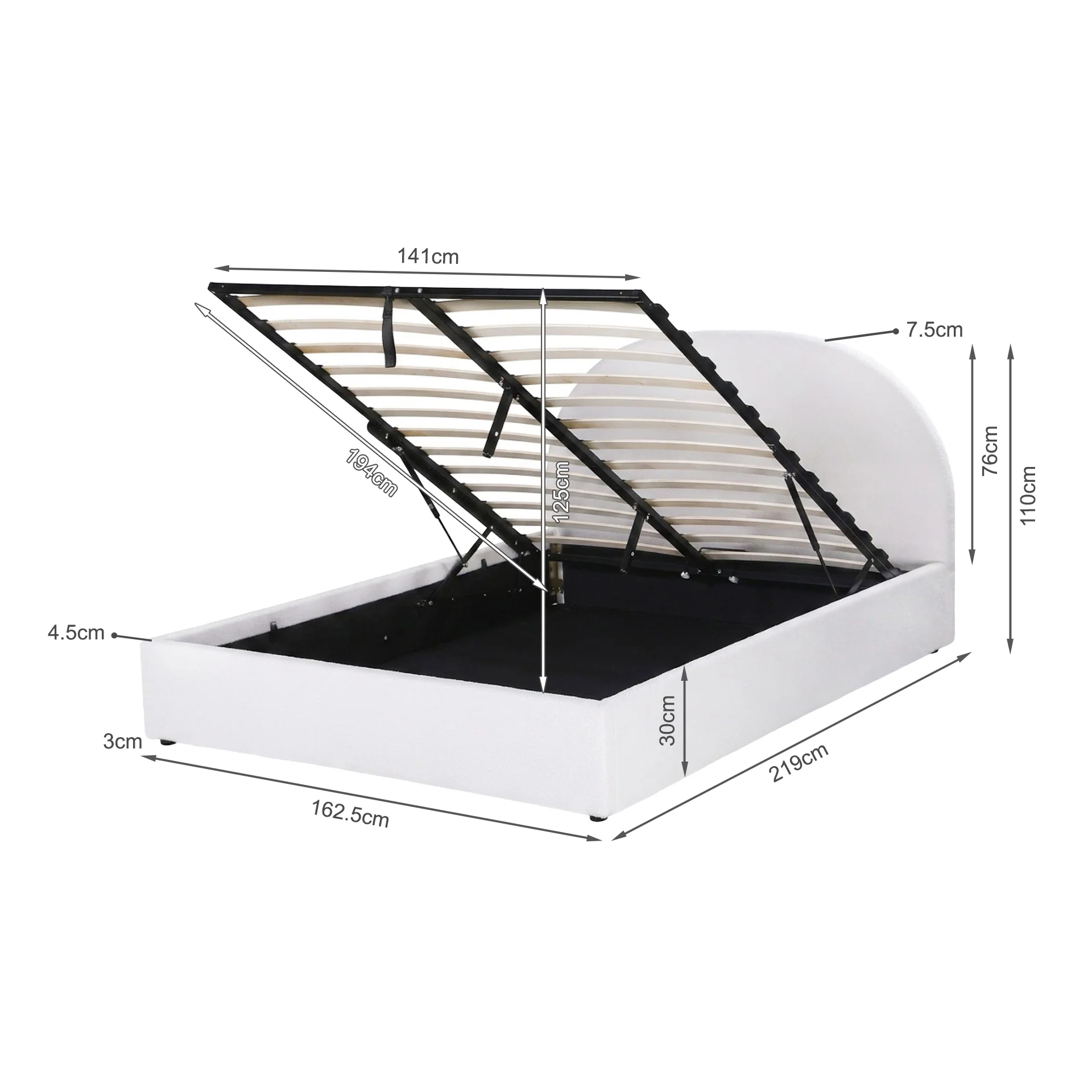 Isabella Queen Teddy Gas Lift Bed Frame - White - Image 15