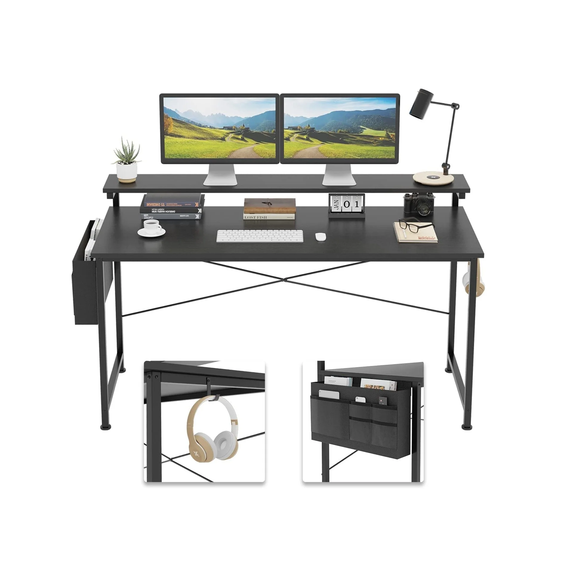 Jacob 140cm Computer Desk with Adjustable Monitor Stand - Black - Image 2