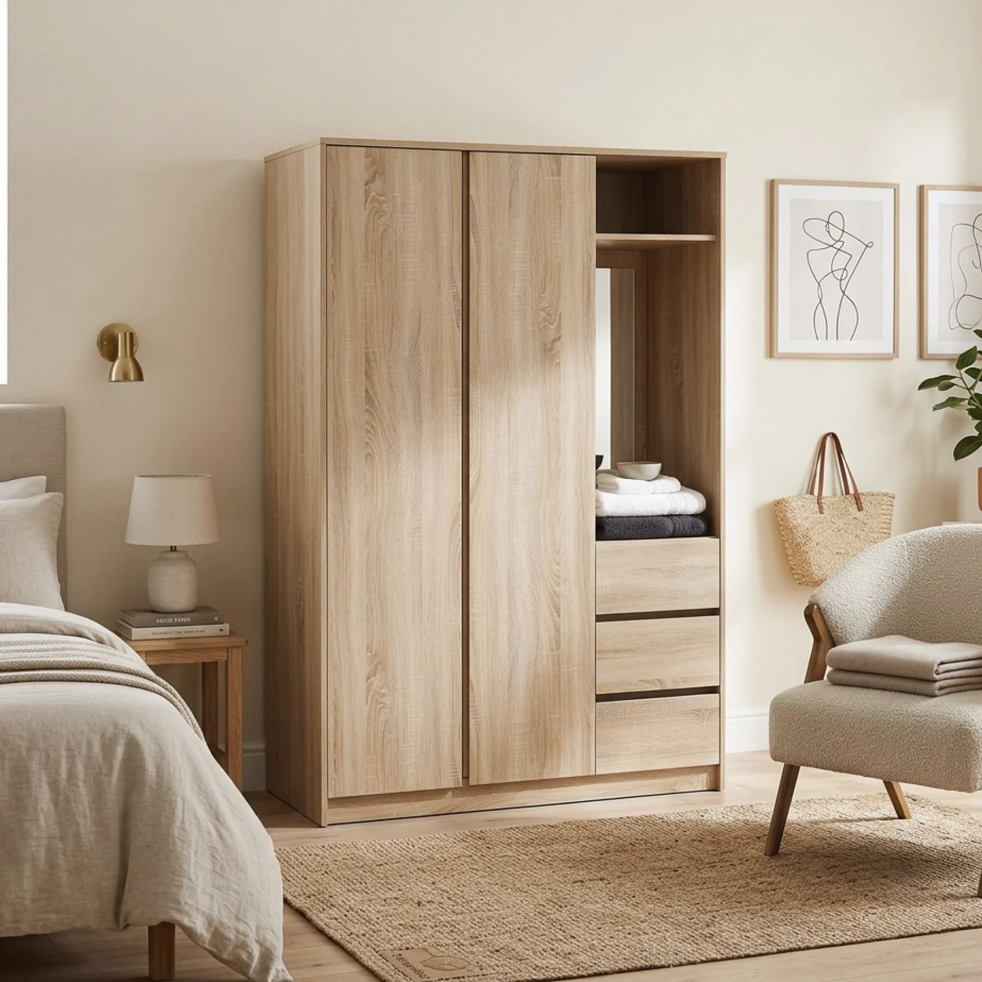 Julia 2 Door Wardrobe With 3 Drawers - Oak