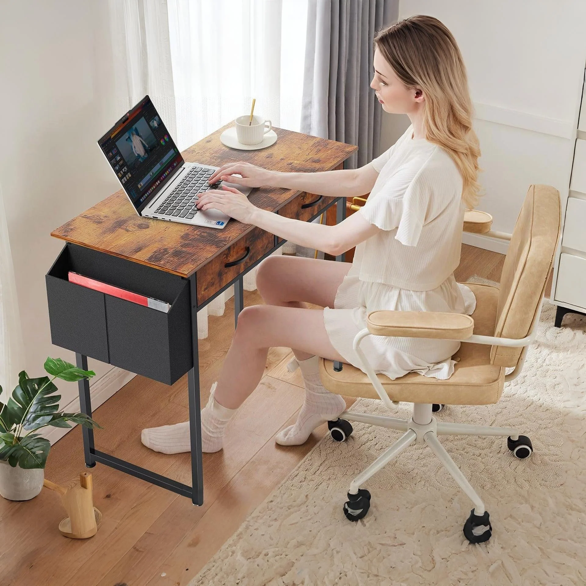 Kaleb 80cm Computer Desk with 2 Drawers - Rustic Brown - Image 3