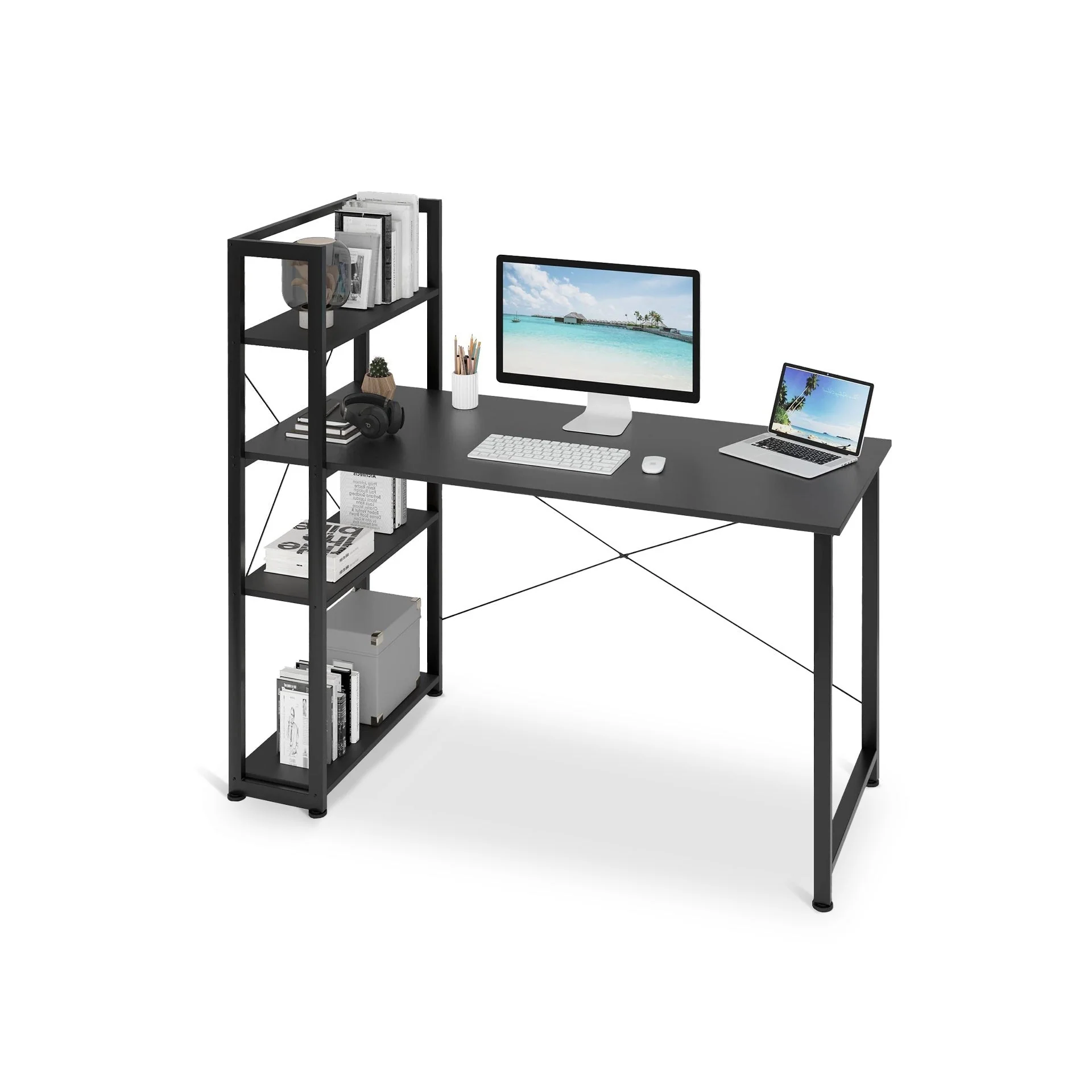 Kevin 120cm Computer Desk with Bookshelf - Black - Image 5