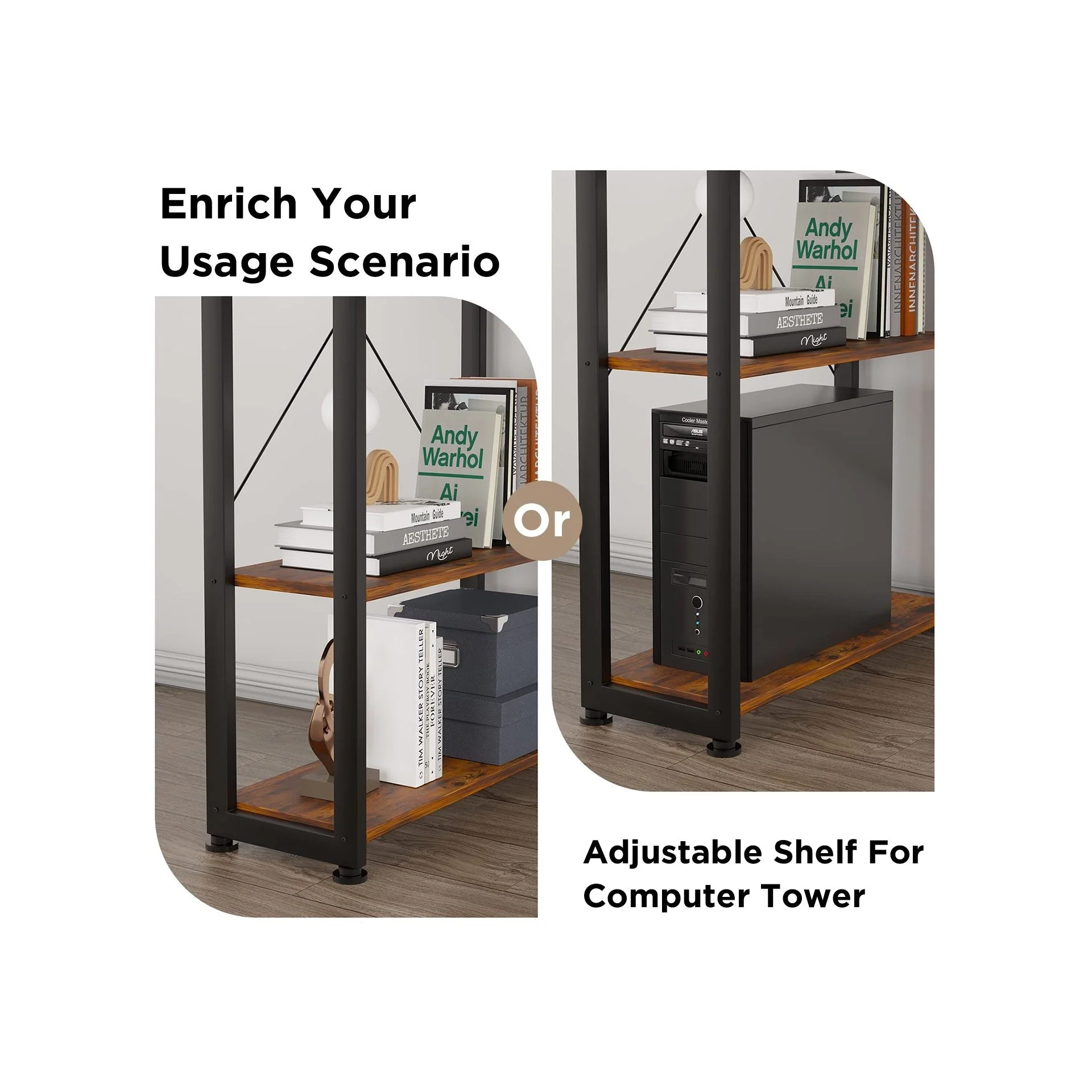 Kevin 160cm Computer Desk with Bookshelf - Rustic Brown - Image 5