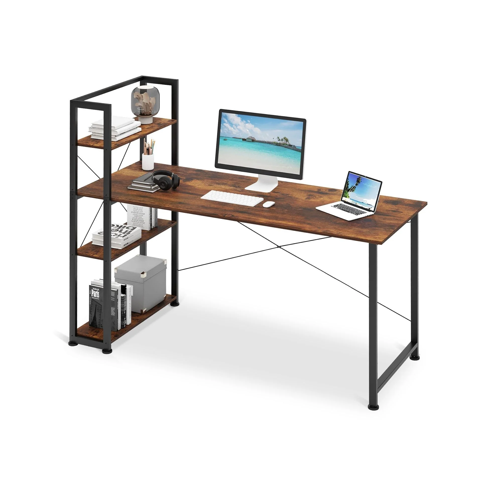 Kevin 160cm Computer Desk with Bookshelf - Rustic Brown - Image 9