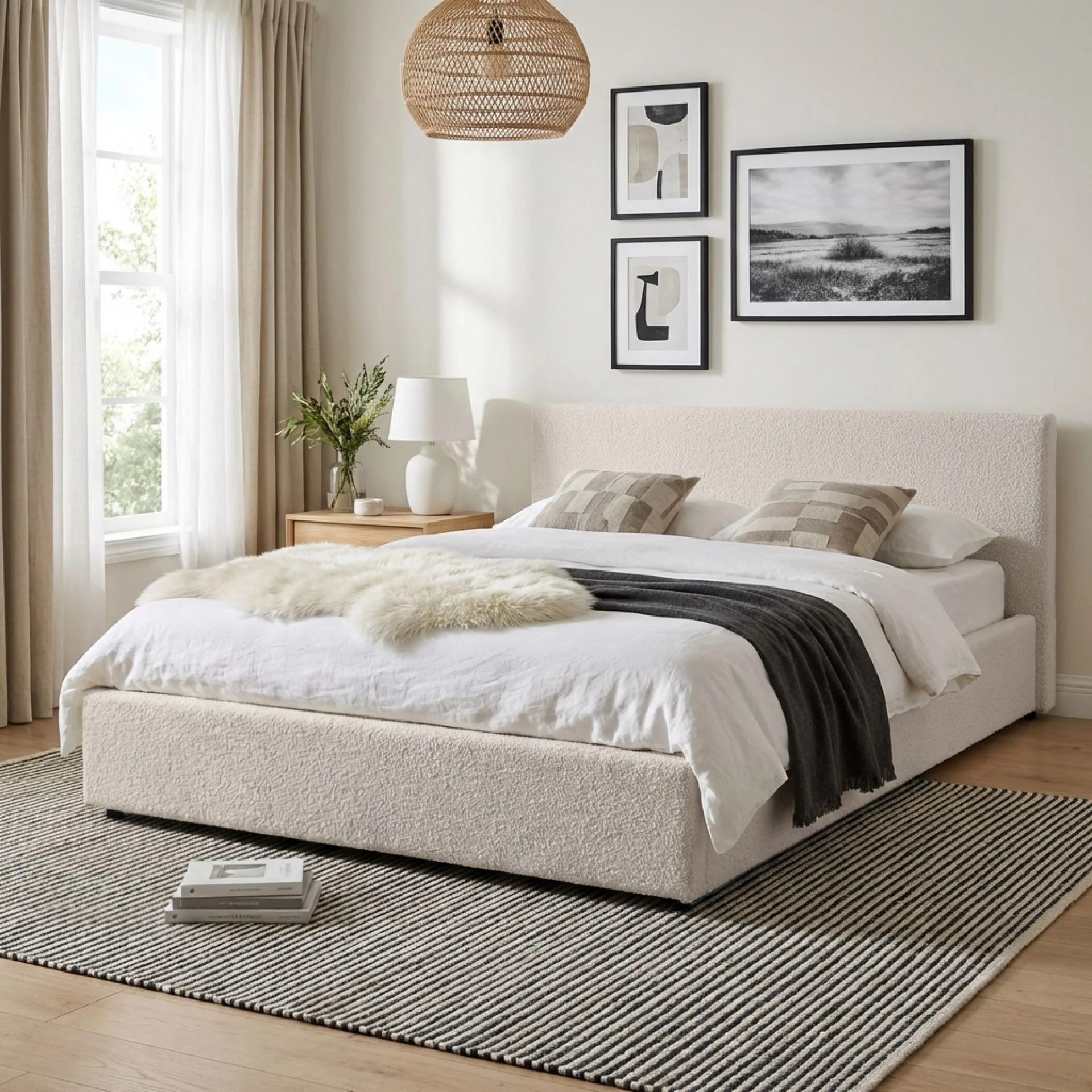 Lifteo Boucle Queen Gas Lift Bed Frame - Beige
