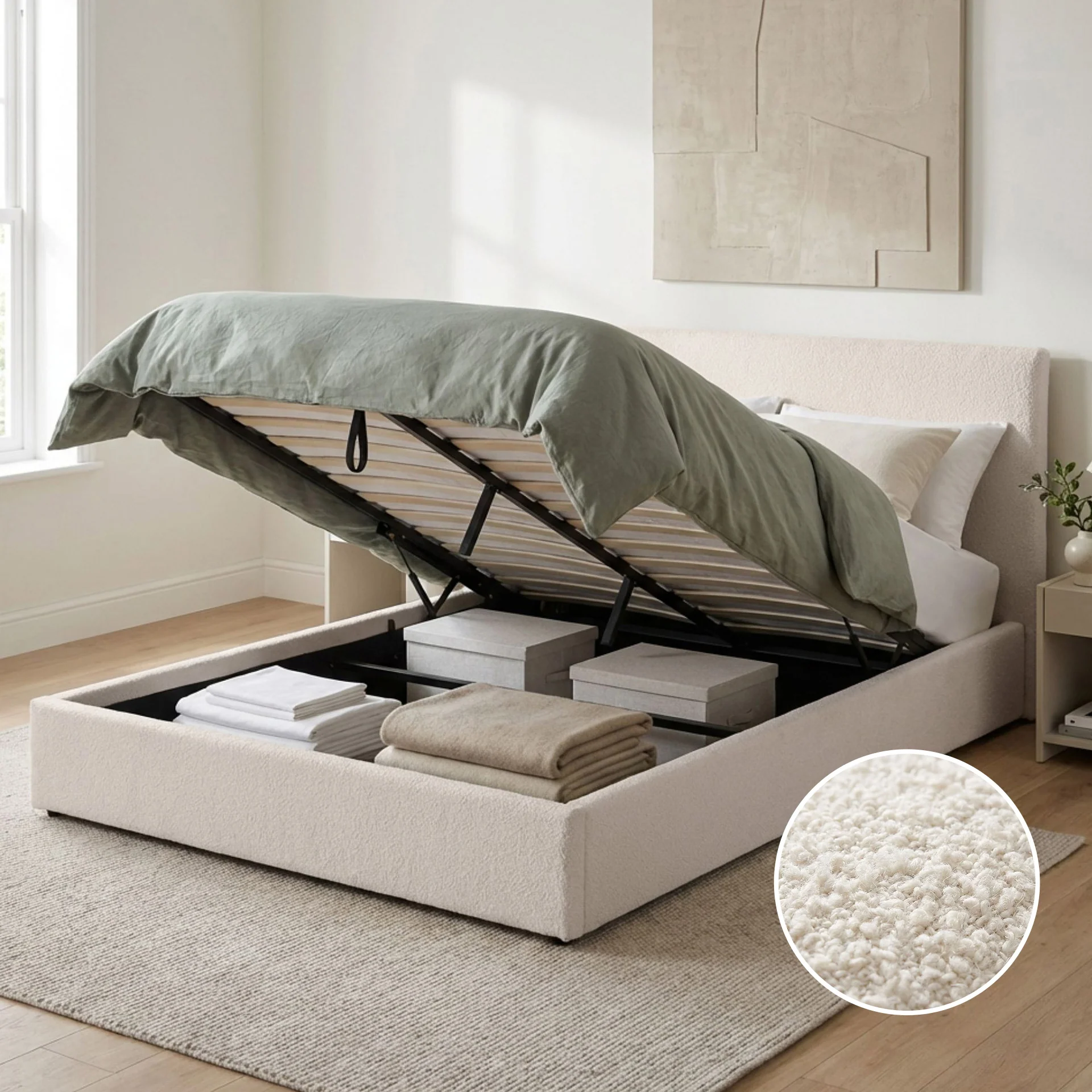 Lifteo Boucle Queen Gas Lift Bed Frame - Beige - Image 2