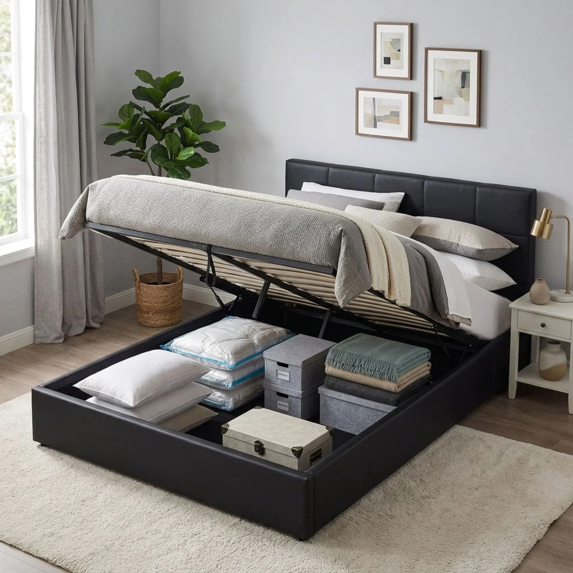 Purova PU Queen Gas Lift Bed Frame – Black