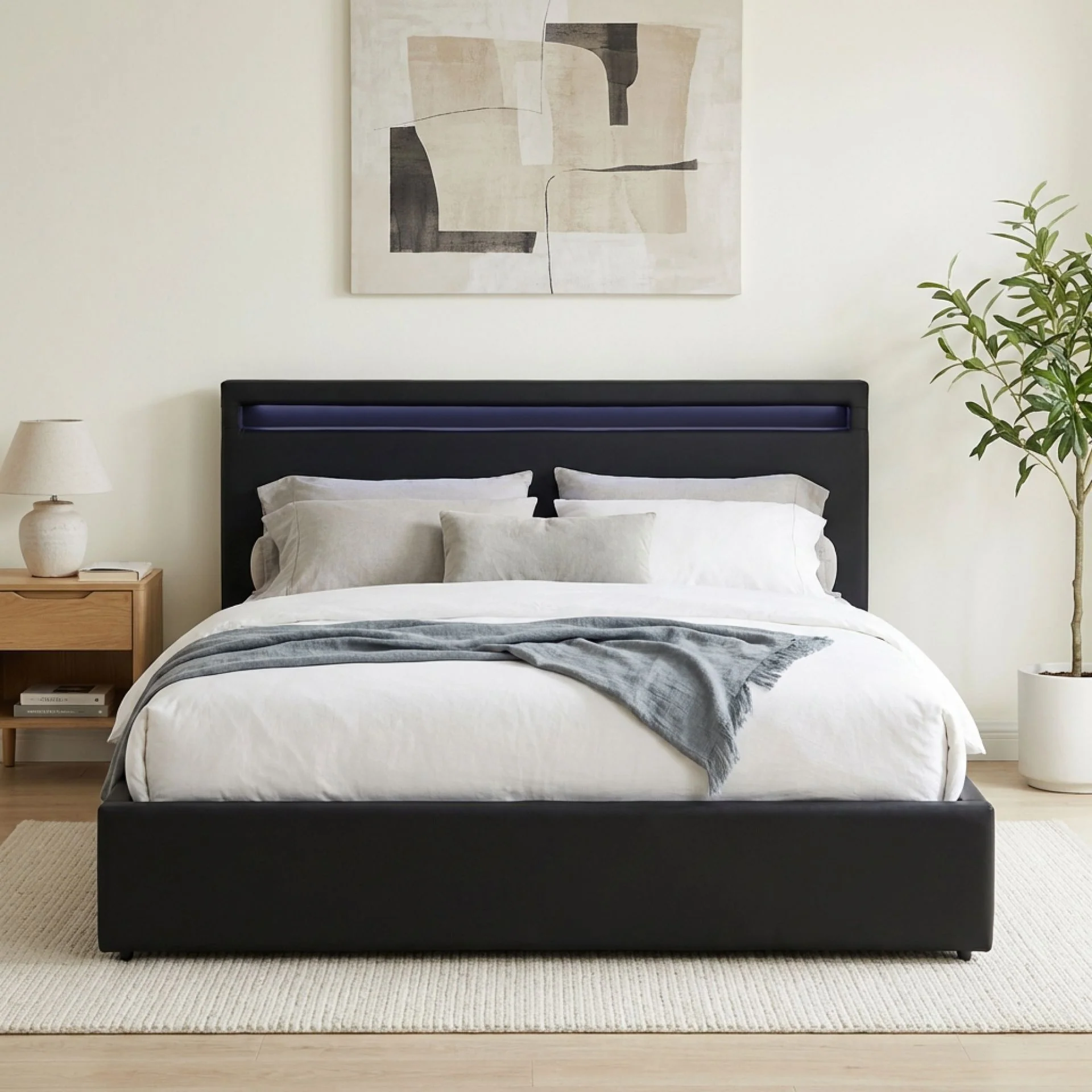 Glimora PU Queen Gas Lift Storage Bed Frame - Black - Image 5