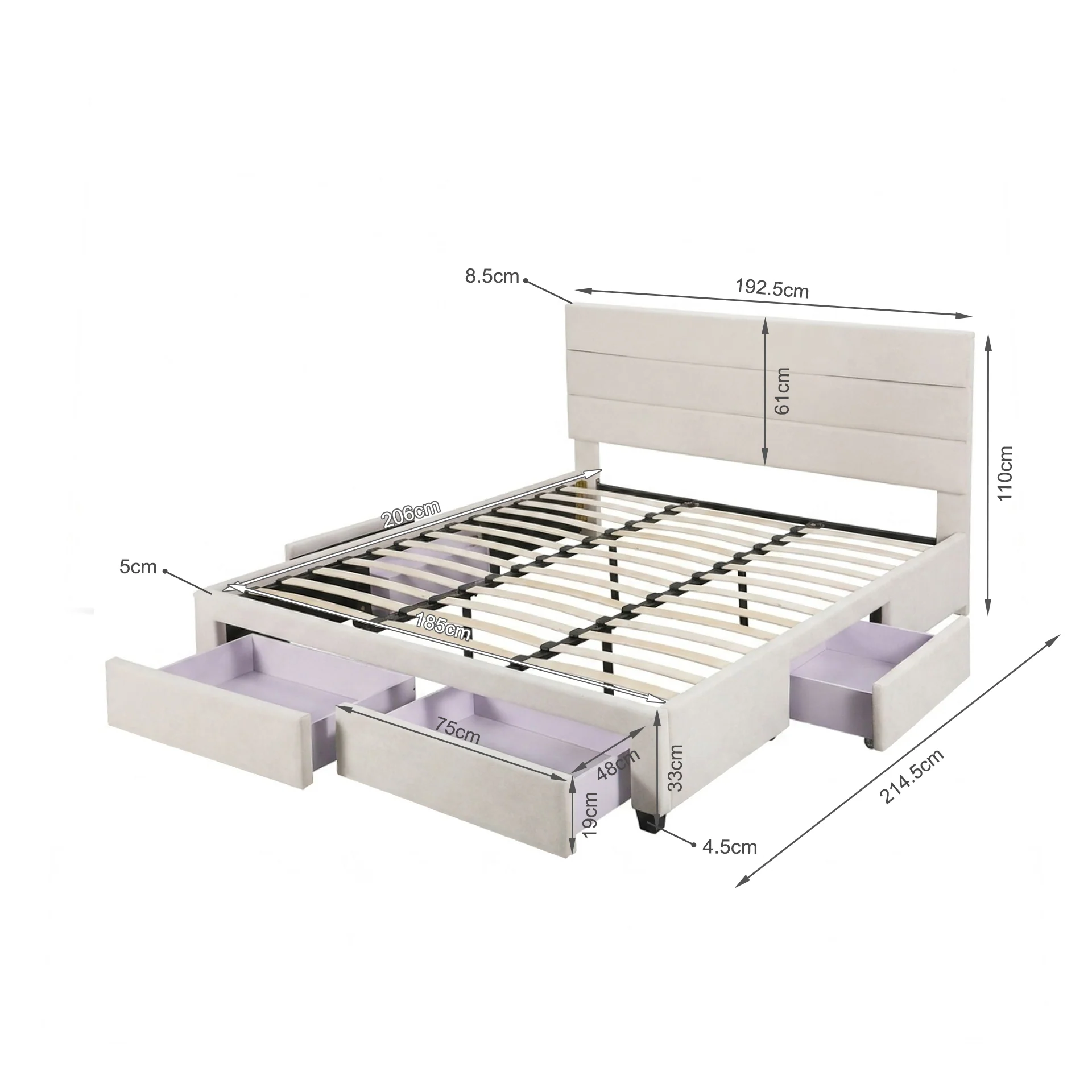 Arbor Super King Bed Frame with 4 Drawers - Beige - Image 14
