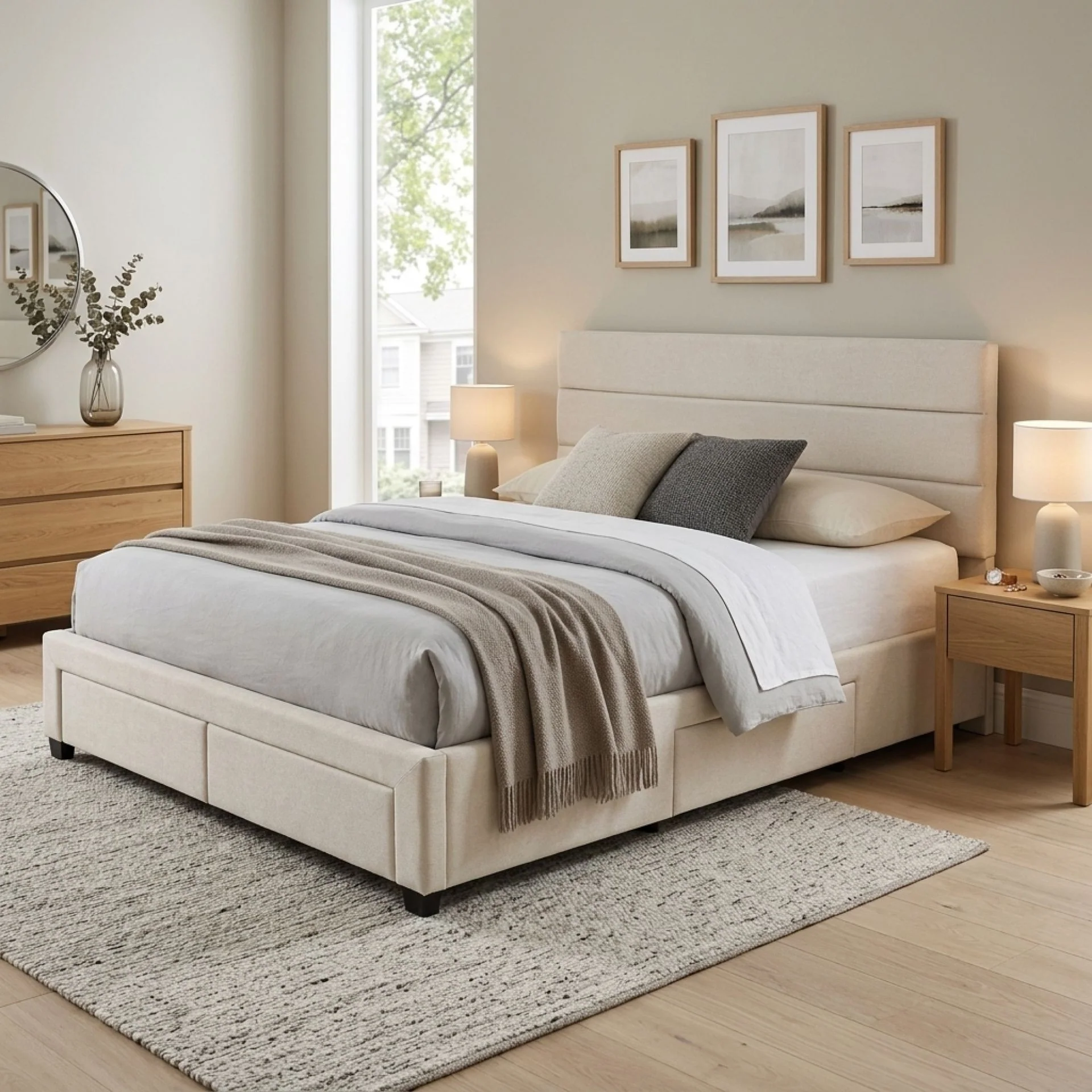 Arbor Super King Bed Frame with 4 Drawers - Beige - Image 3