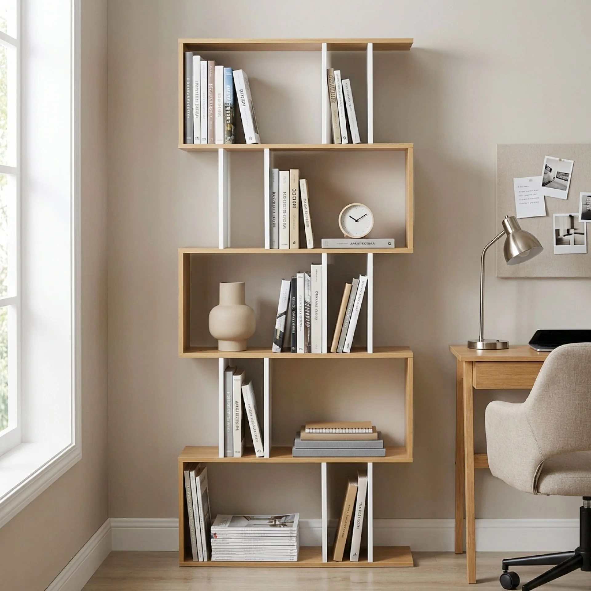Lumo 5 Tier Bookshelf Display Shelf - Natural + White - Image 2