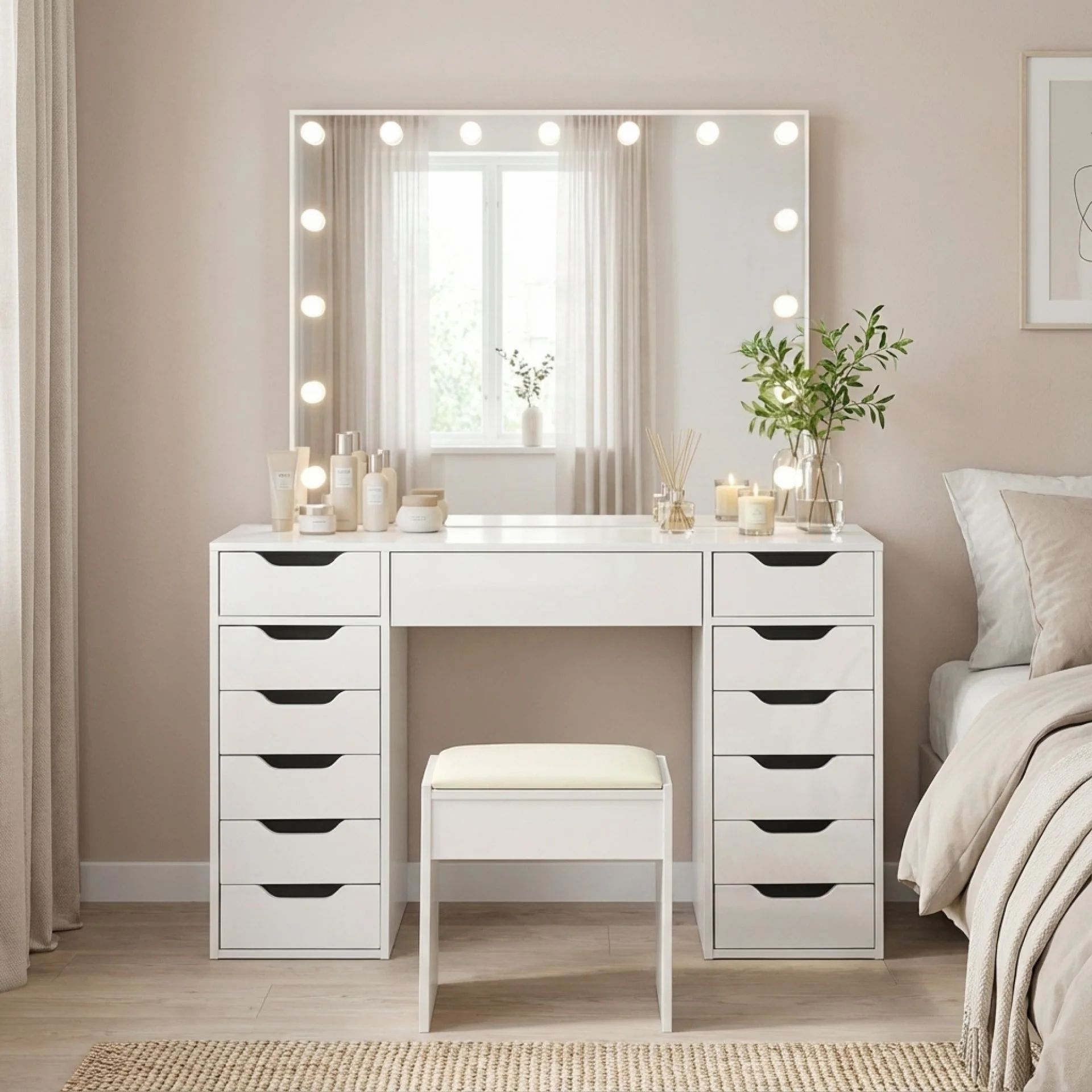 Lustra 2 Piece Dressing Table with Mirror & Stool Set - White