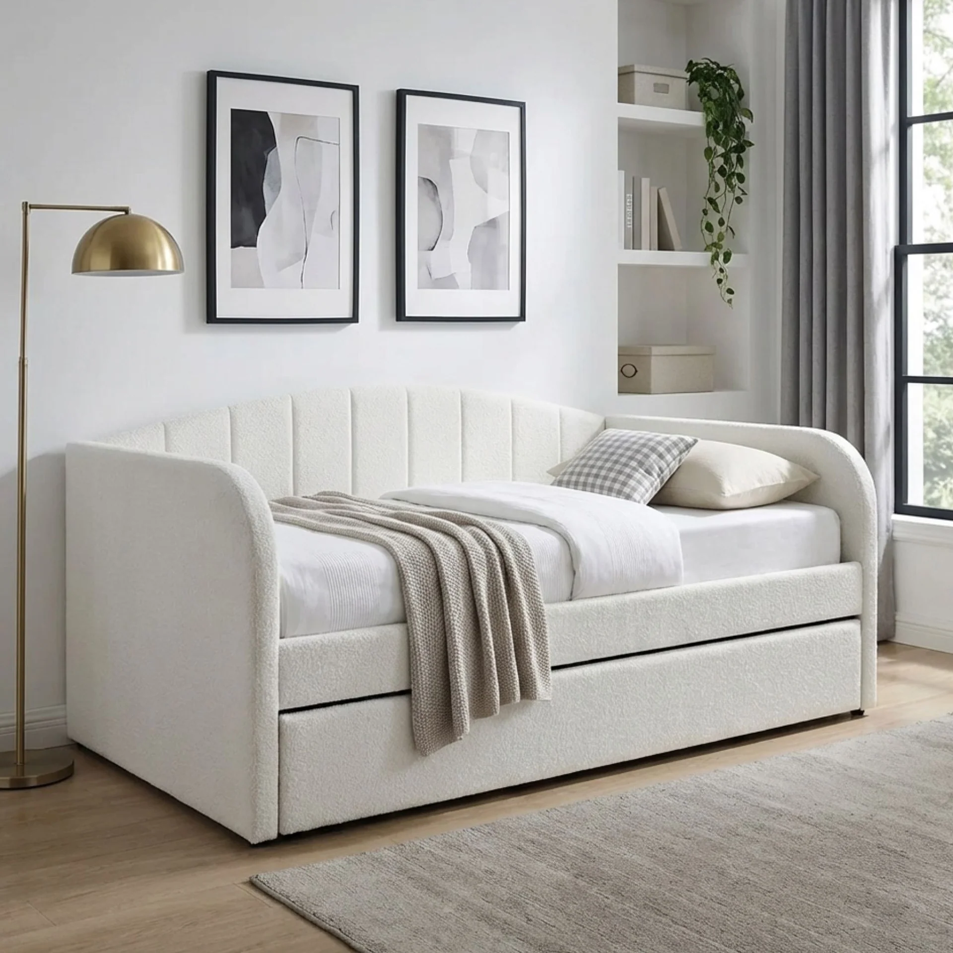 Majura Boucle Single Trundle Bed Frame - Cream
