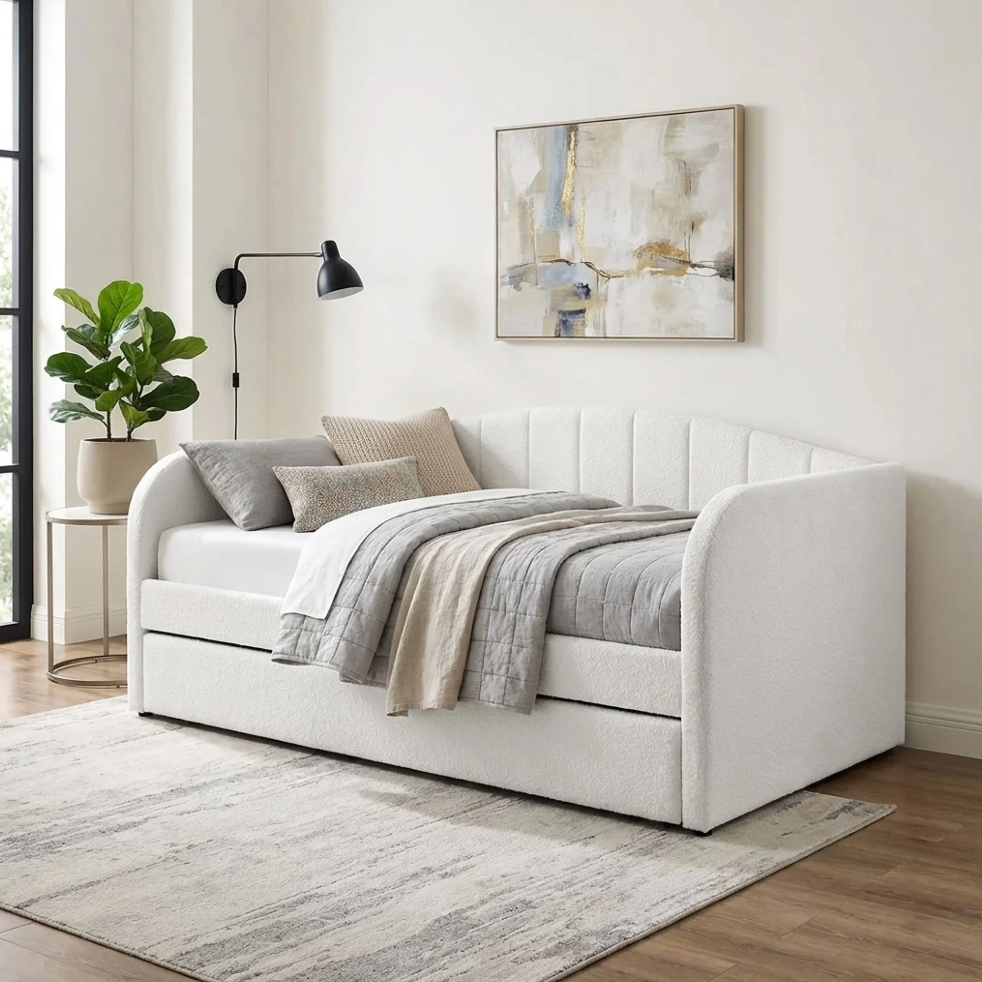 Majura Boucle Single Trundle Bed Frame - Cream - Image 3