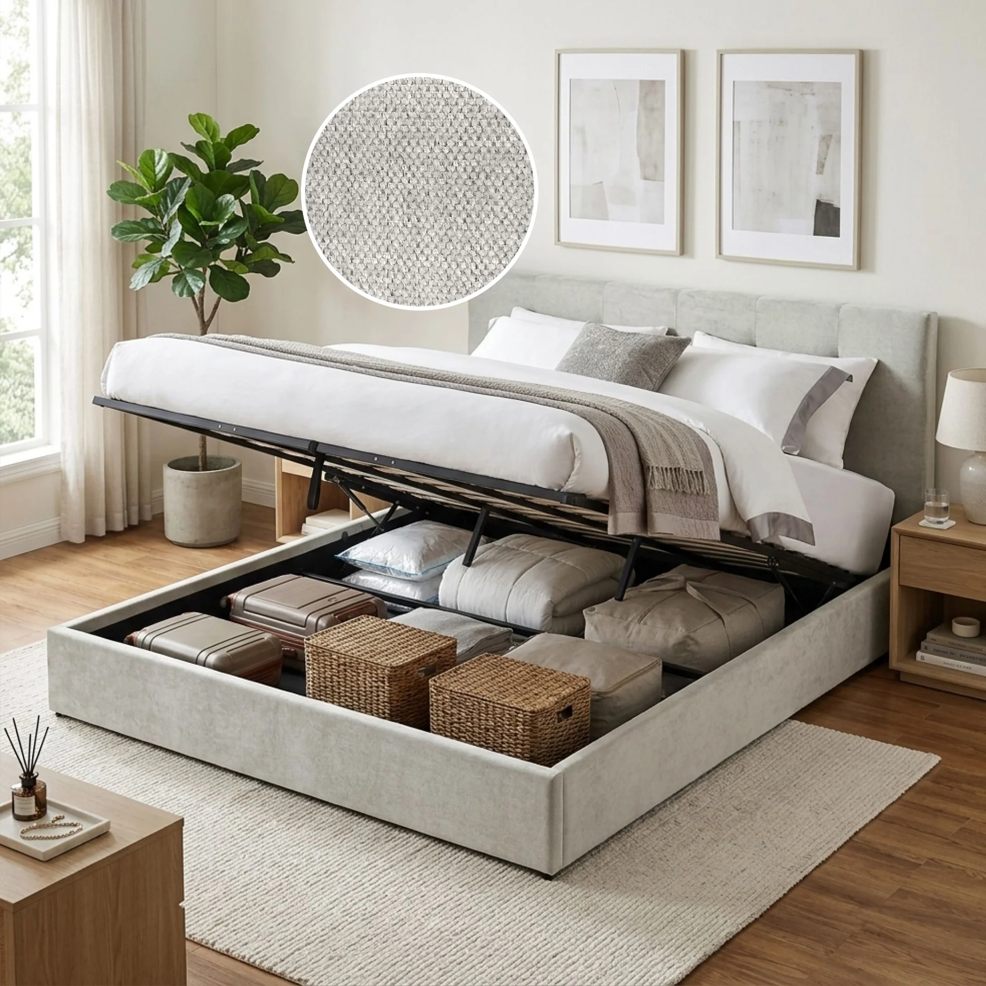 Mero Super King Gas Lift Bed Frame - Linen Beige - Image 2
