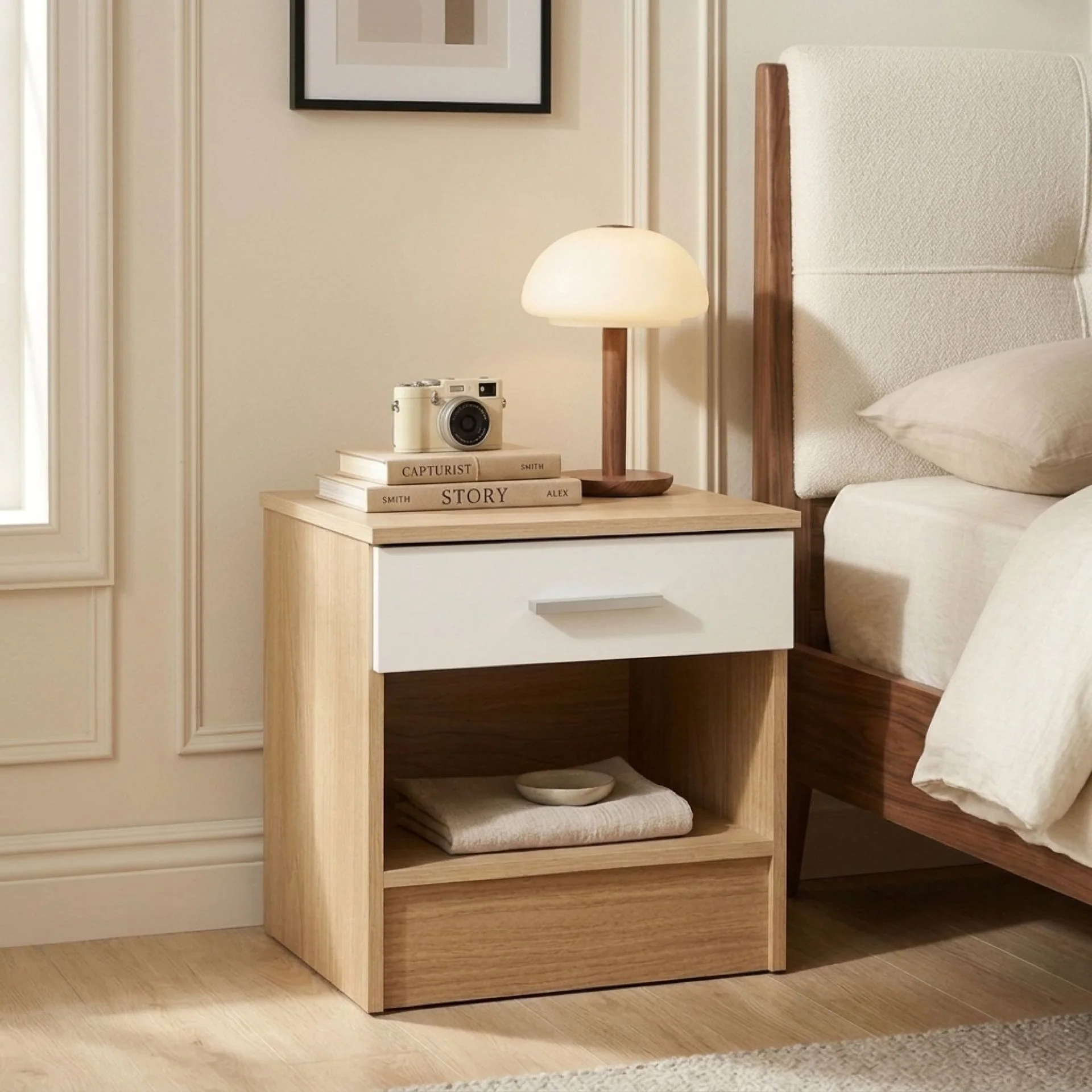 Miller Bedside Table - Light Teak + White
