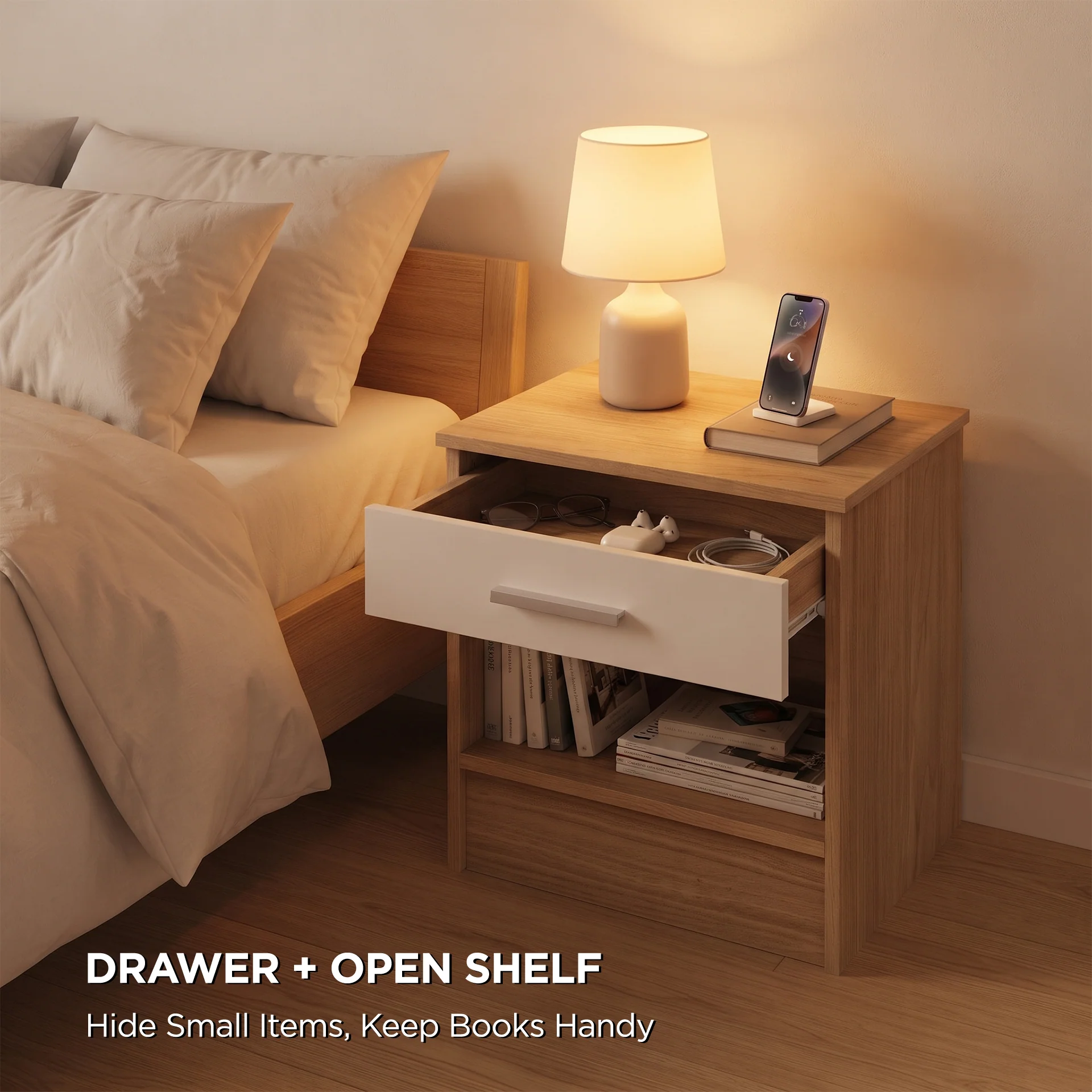 Miller Bedside Table - Light Teak + White - Image 4