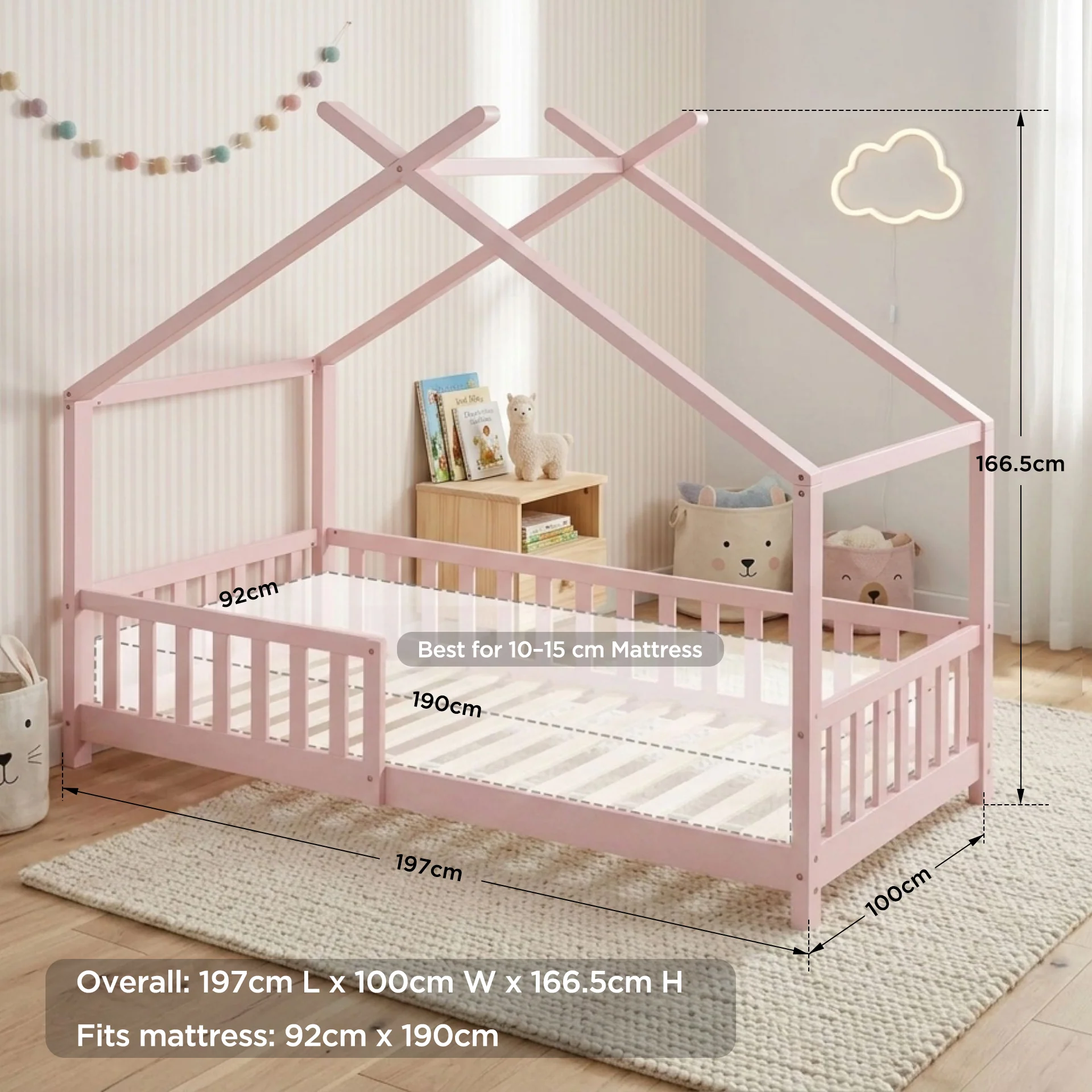 Minto Single Wooden House Bed Frame - Pink - Image 3