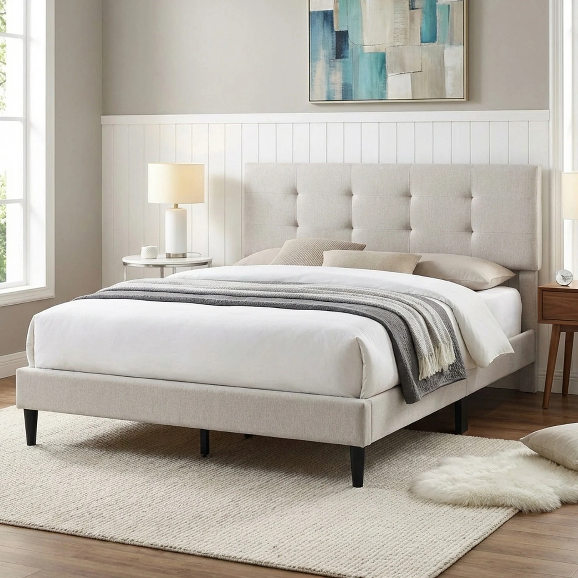 Mitre Queen Fabric Bed Frame - Stone