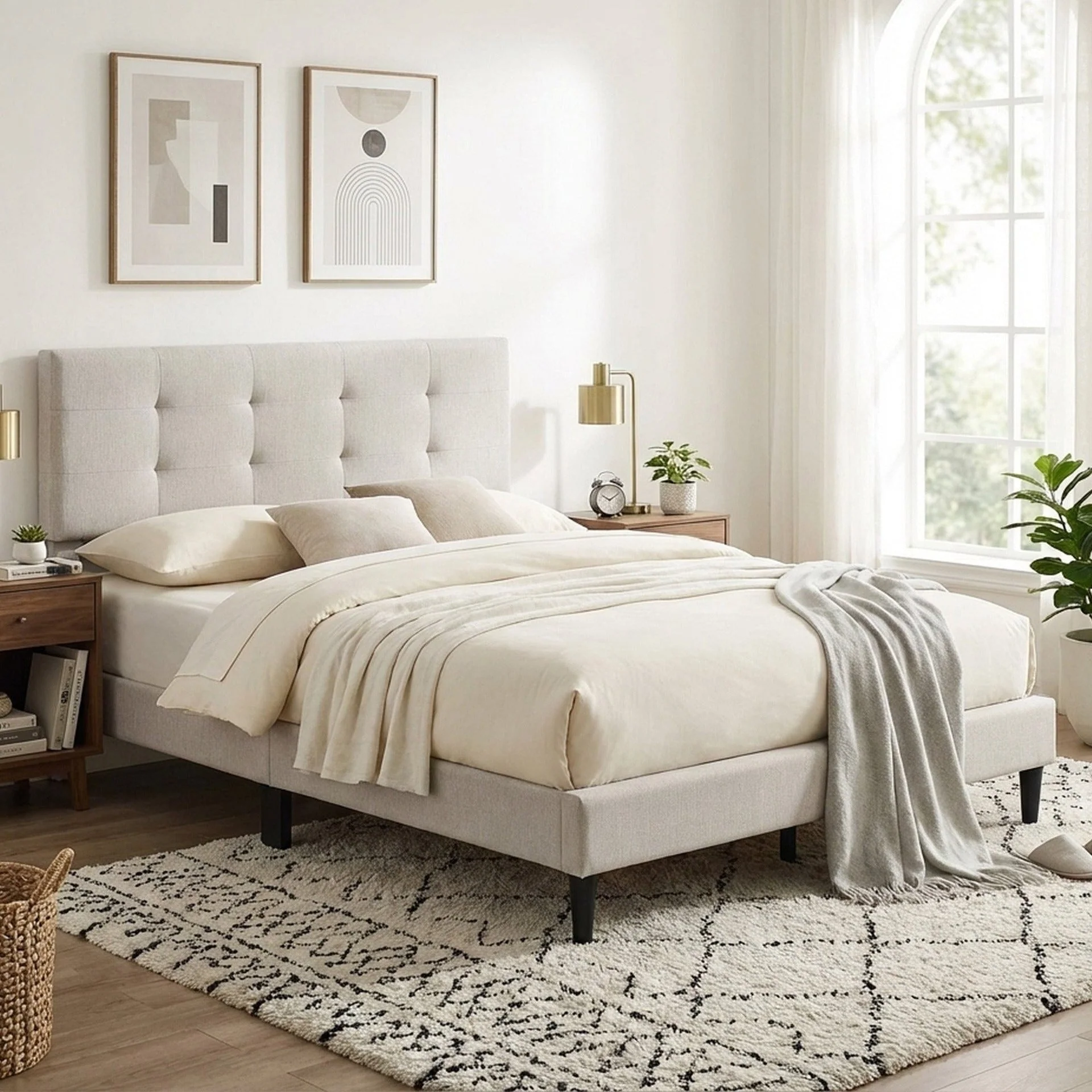 Mitre Queen Fabric Bed Frame - Stone - Image 2