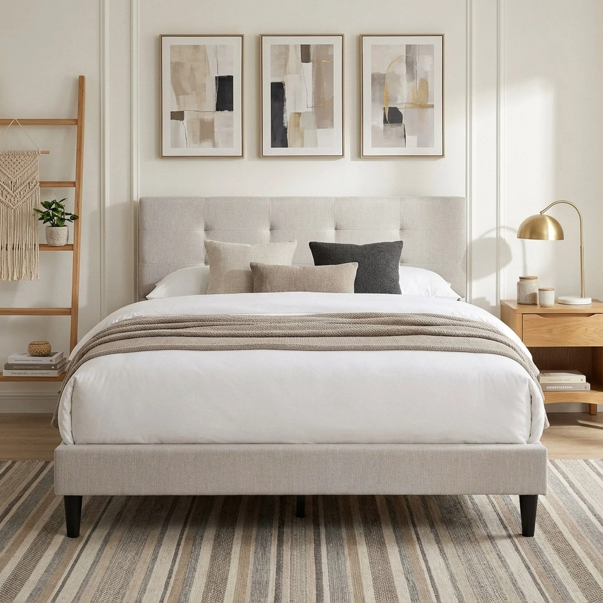 Mitre Queen Fabric Bed Frame - Stone - Image 3