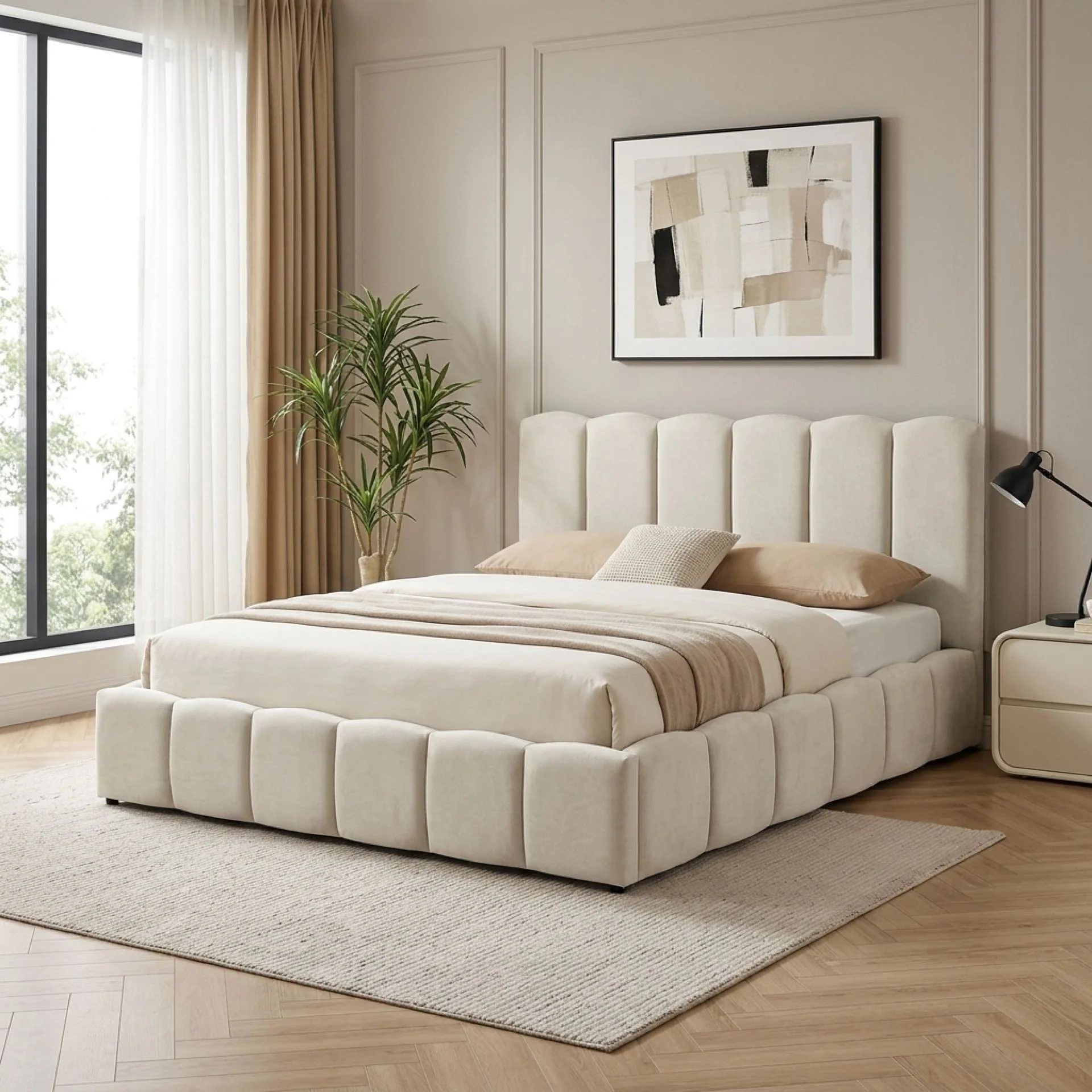 Modu Queen Gas Lift Bed Frame - Beige - Image 3