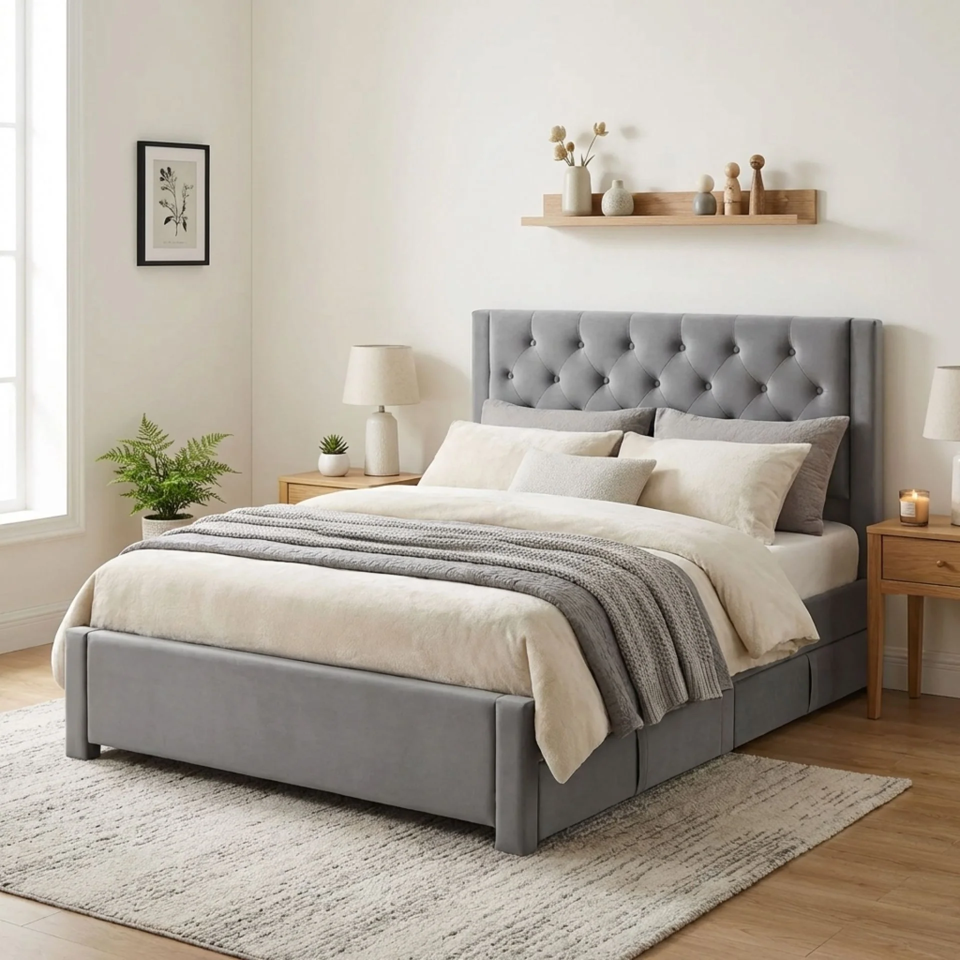 Montana Velvet Double Bed Frame with 4 Drawers - Grey
