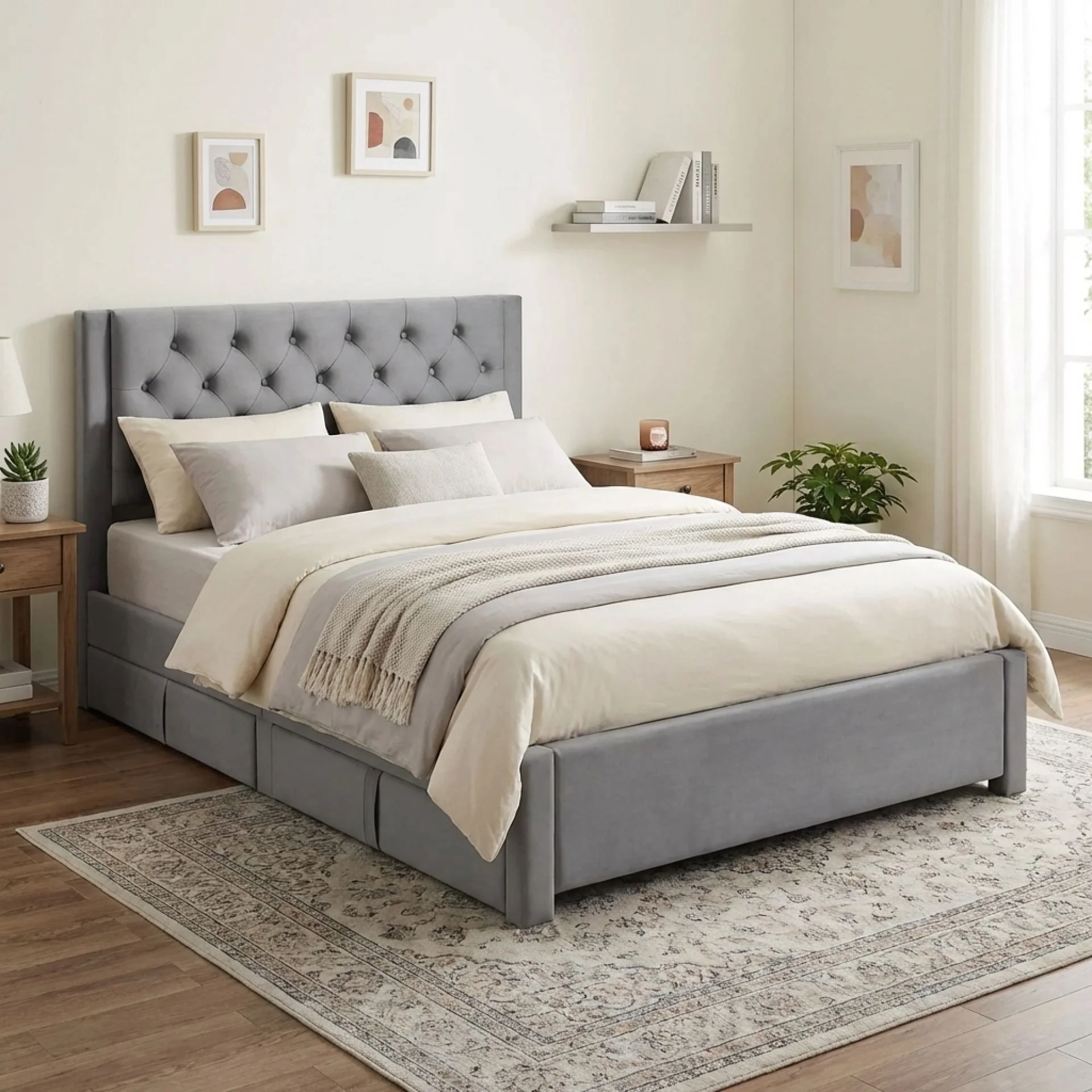 Montana Velvet Double Bed Frame with 4 Drawers - Grey - Image 6