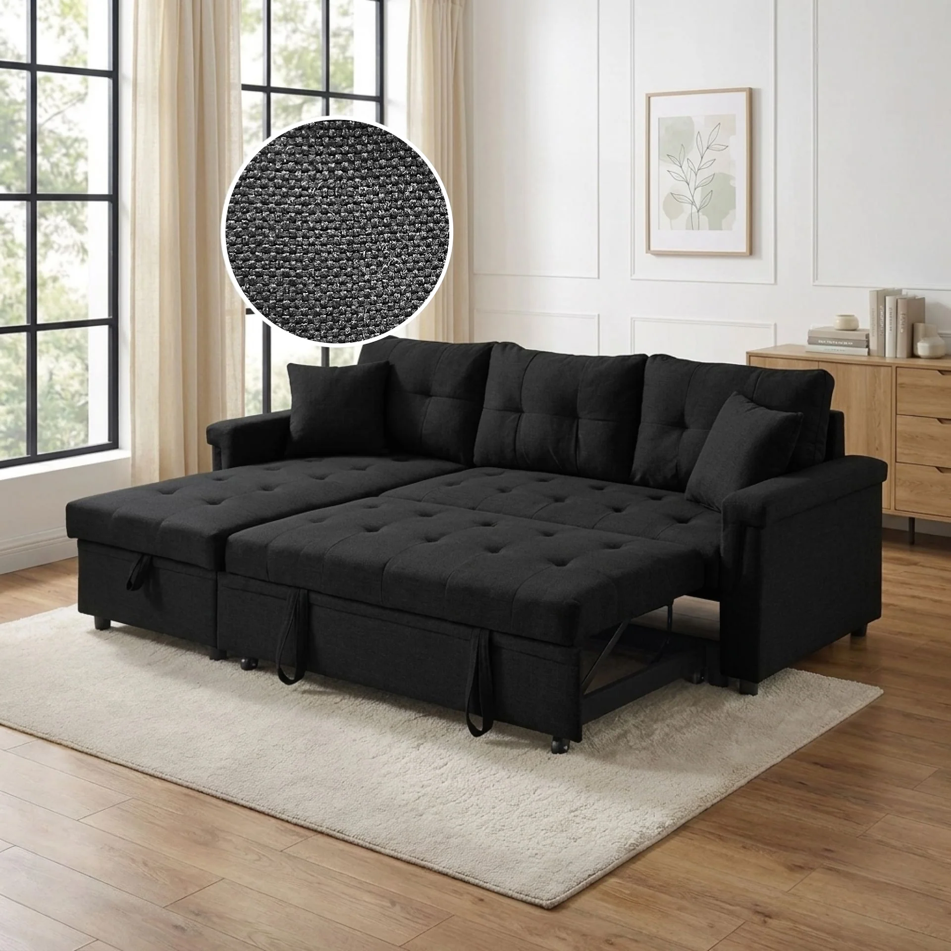 Murphy 3 Seater Sofa Bed with Storage - Black - Image 2