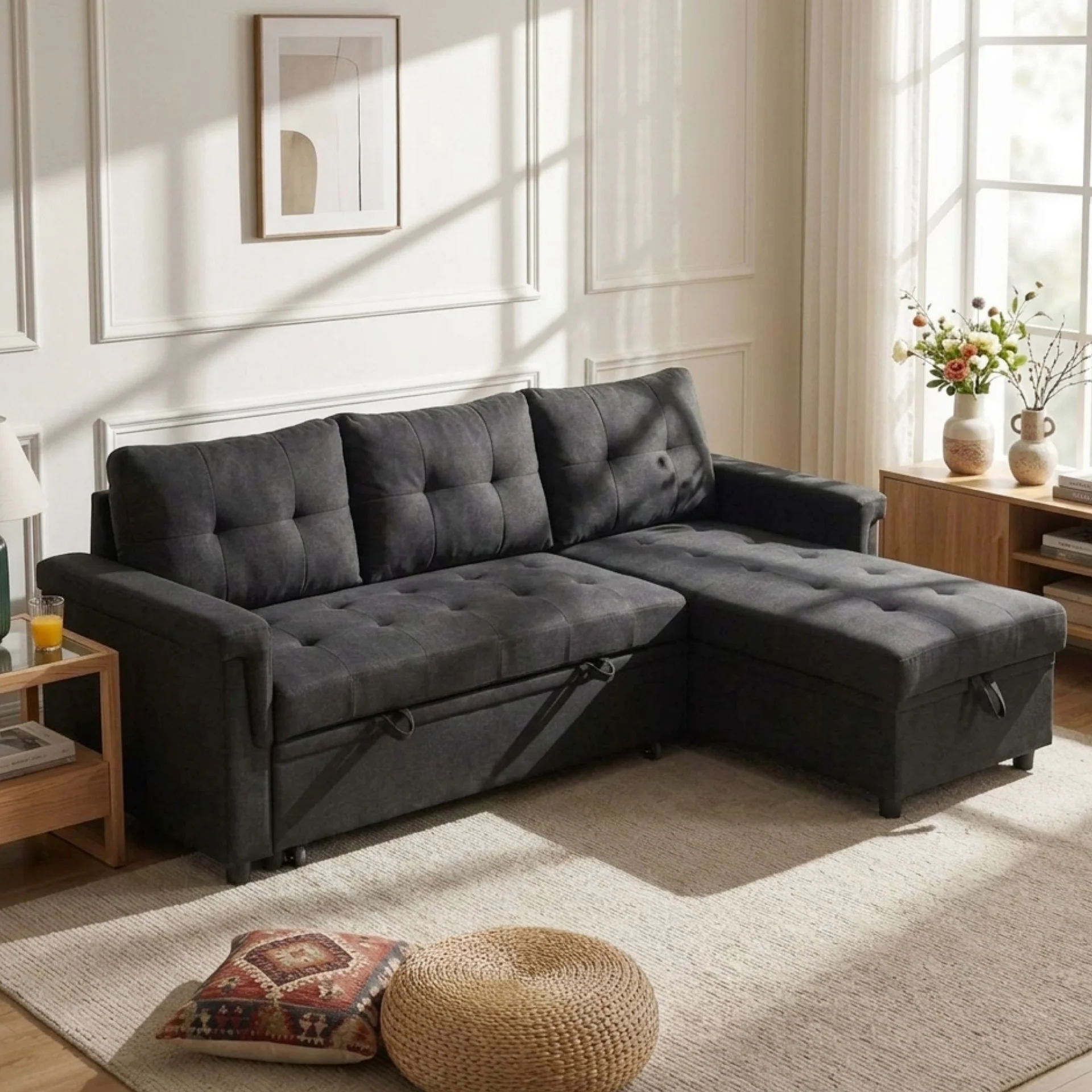 Murphy 3 Seater Sofa Bed with Storage - Black - Image 3