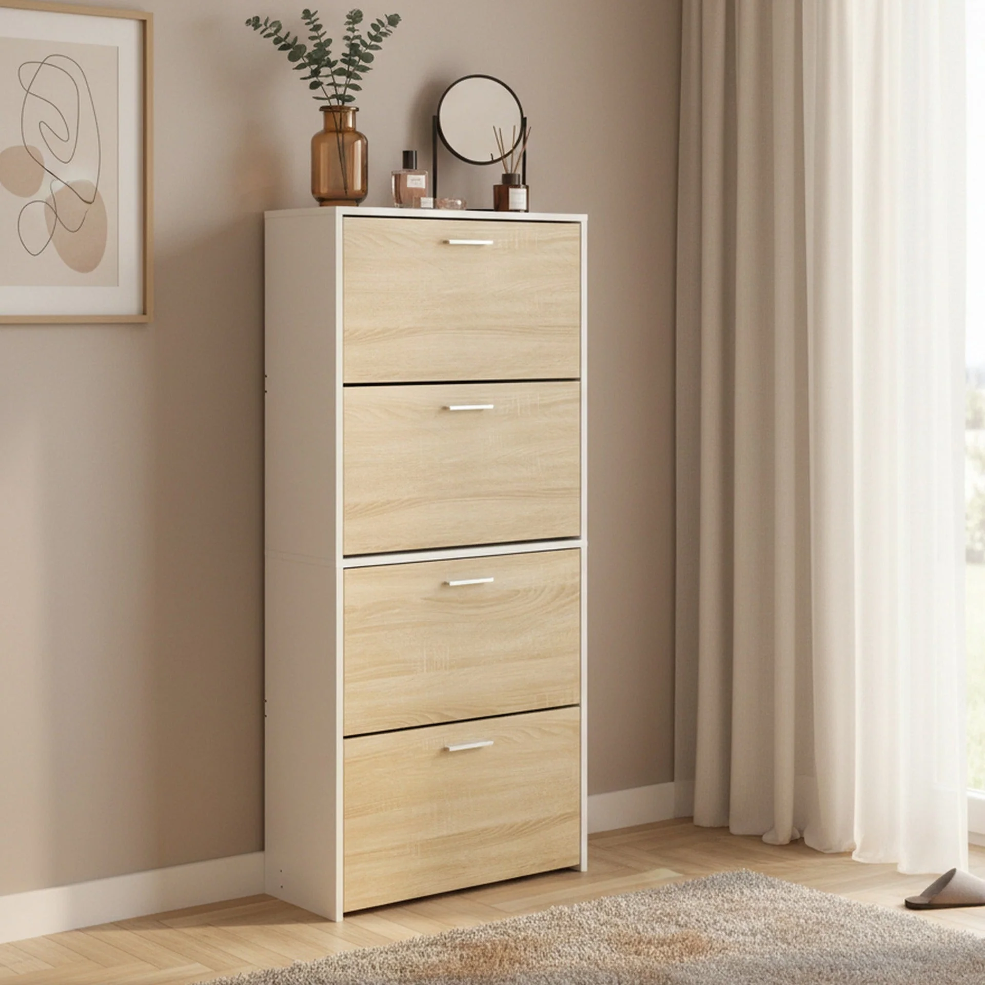 Navo 4 Drawer Shoe Cabinet Storage Rack - White Oak - Image 3