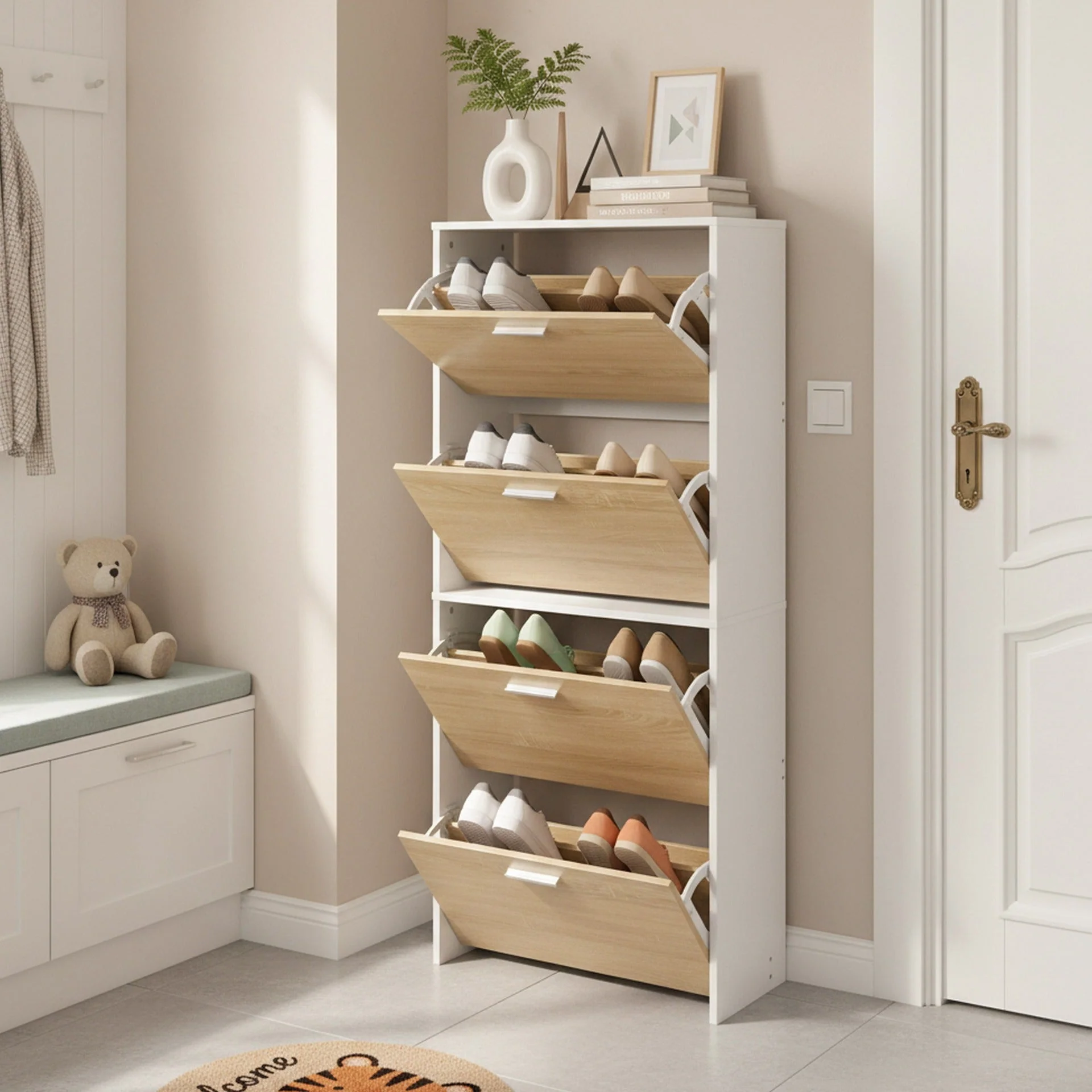 Navo 4 Drawer Shoe Cabinet Storage Rack - White Oak - Image 4