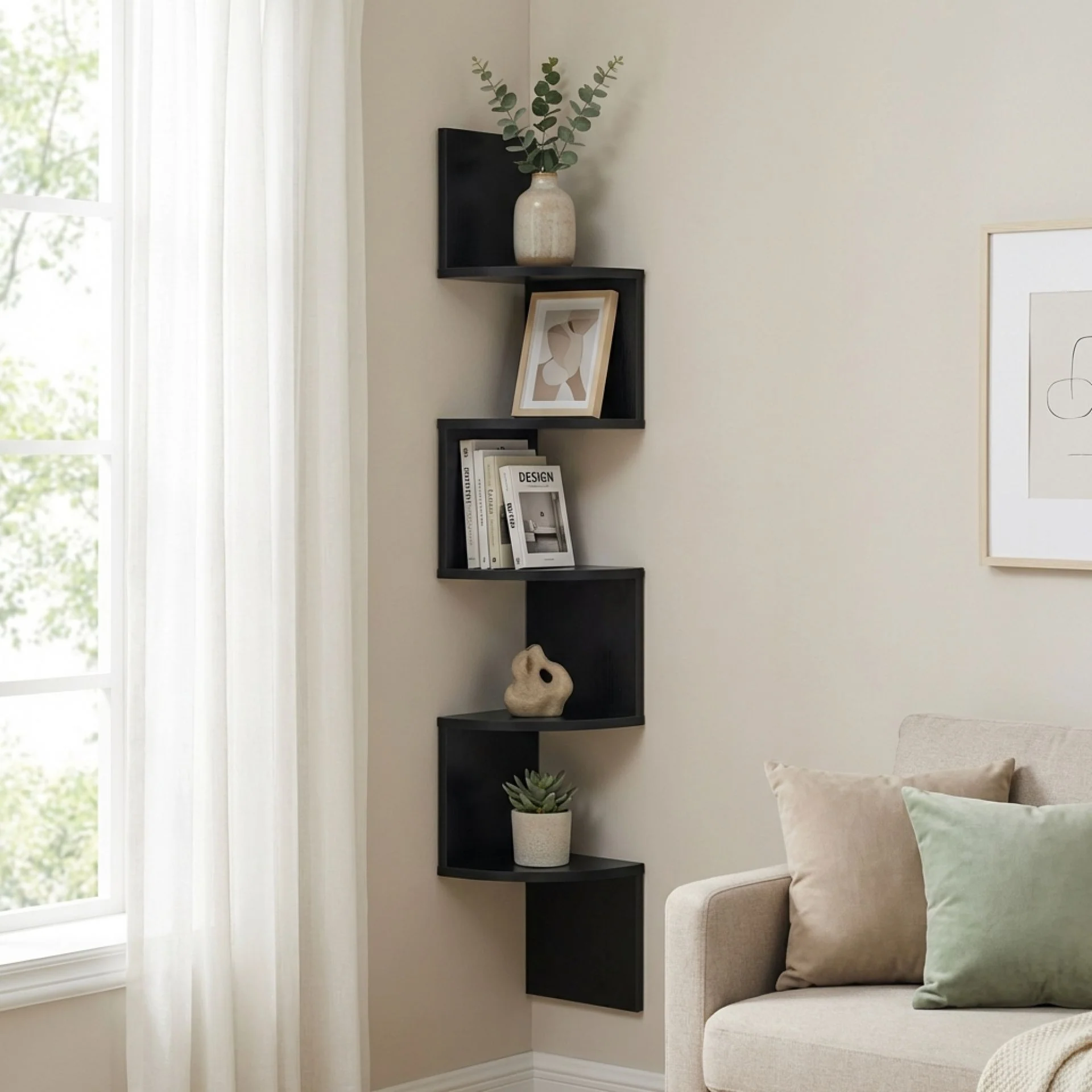 Nemi 5-Tier Wall Mounted Corner Shelf - Black - Image 3